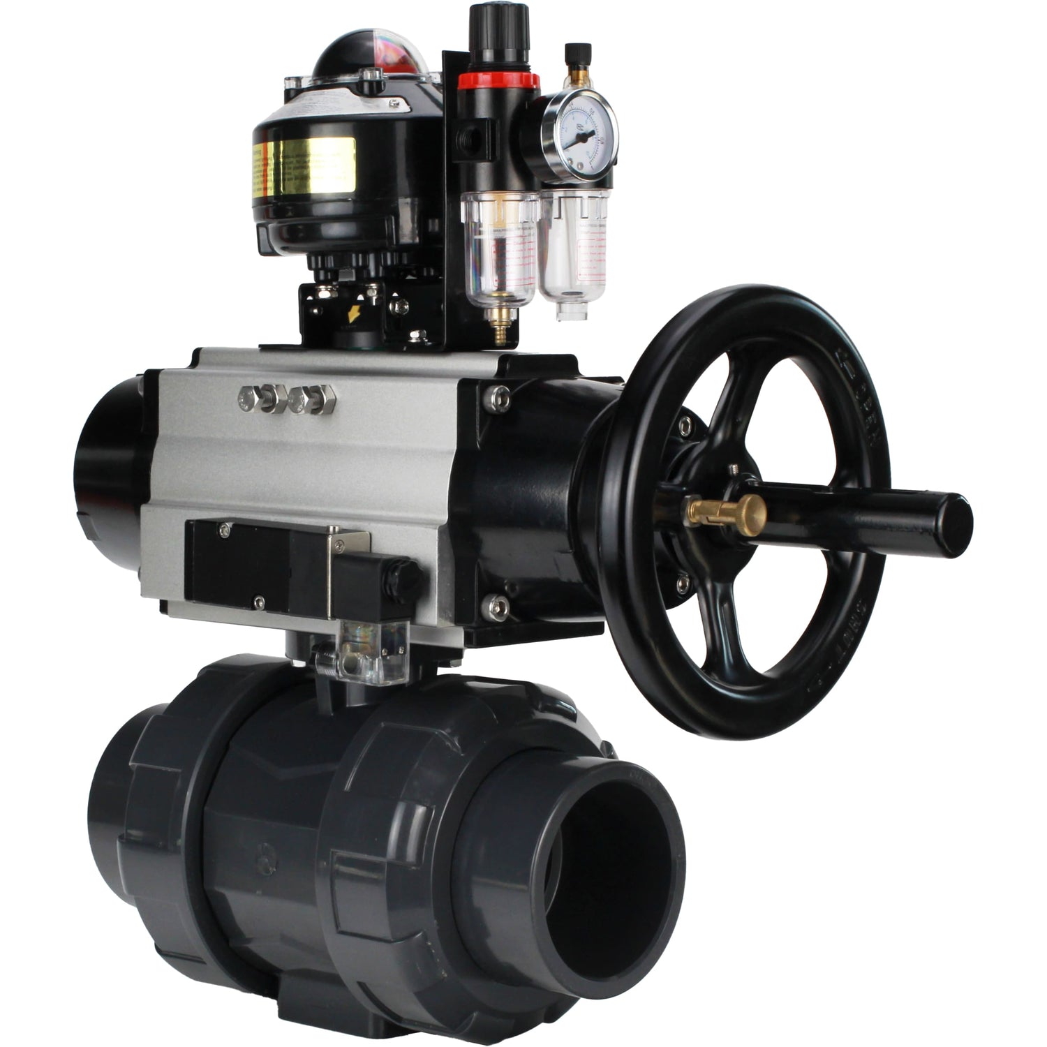 Ball valves Elephant BV4242E-FP-GRM-ISO, body material - UPVC, ball material - UPVC, seal - EPDM, with pneumatic actuator double action PA-DA-105-1, pneumatic distributor 4M310-08 220V, LSU APL-510N EX and ATU AFC2000