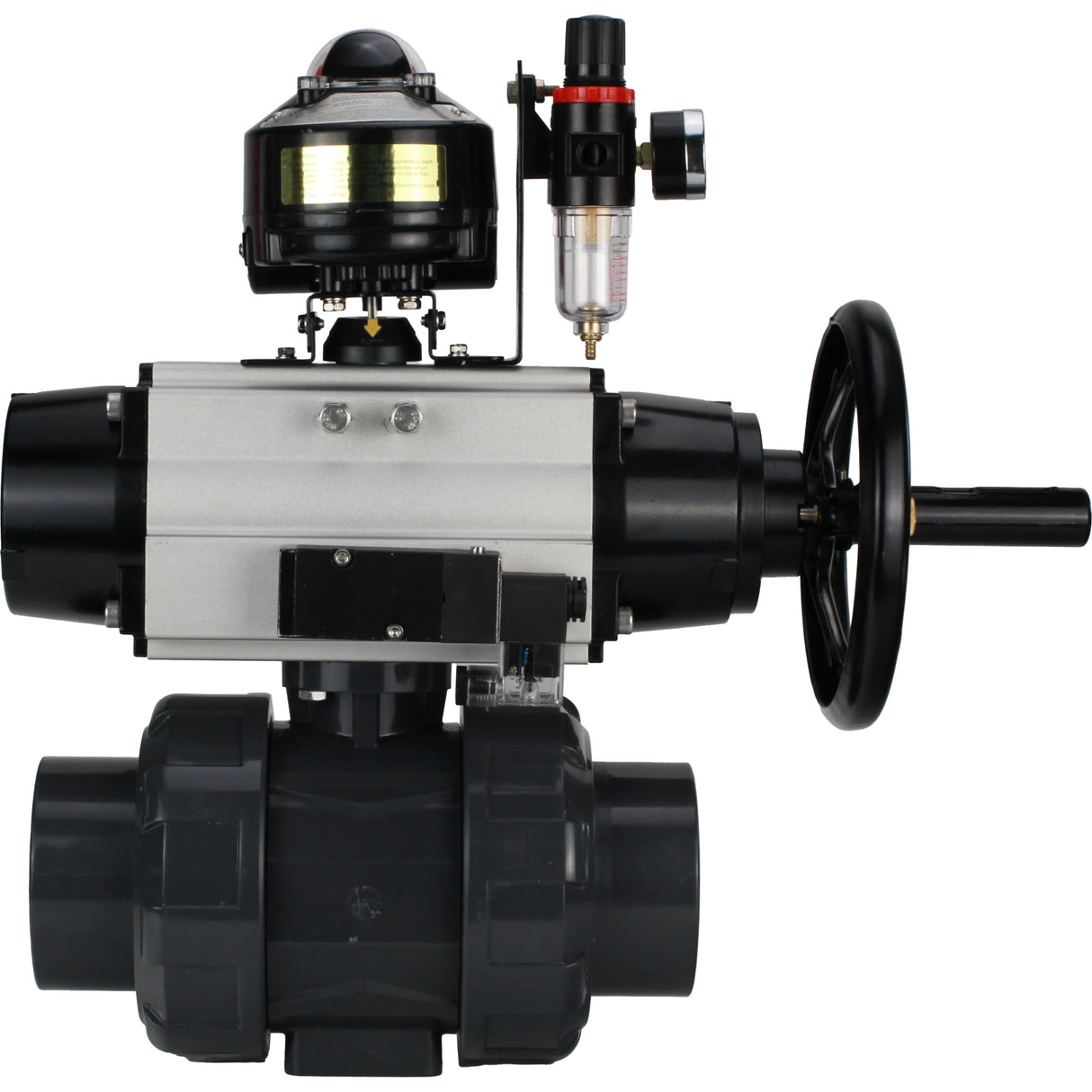 Ball valves Elephant BV4242E-FP-GRM-ISO, body material - UPVC, ball material - UPVC, seal - EPDM, with pneumatic actuator double action PA-DA-105-1, pneumatic distributor 4M310-08 220V, LSU APL-510N EX and ATU AFC2000