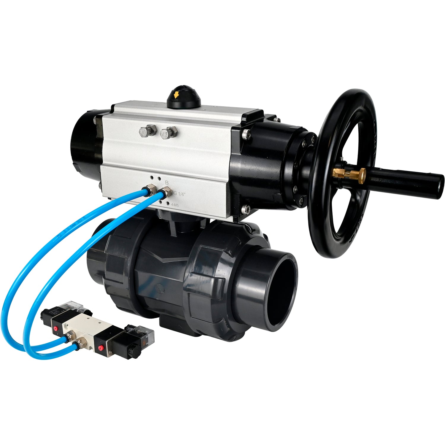 Ball valves Elephant BV4242E-FP-GRM-ISO, body material - UPVC, ball material - UPVC, seal - EPDM, with pneumatic actuator double action PA-DA-105-1 and pneumatic distributor 4V320-10 220V