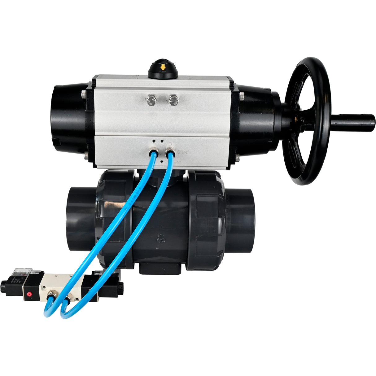 Ball valves Elephant BV4242E-FP-GRM-ISO, body material - UPVC, ball material - UPVC, seal - EPDM, with pneumatic actuator double action PA-DA-105-1 and pneumatic distributor 4V320-10 220V