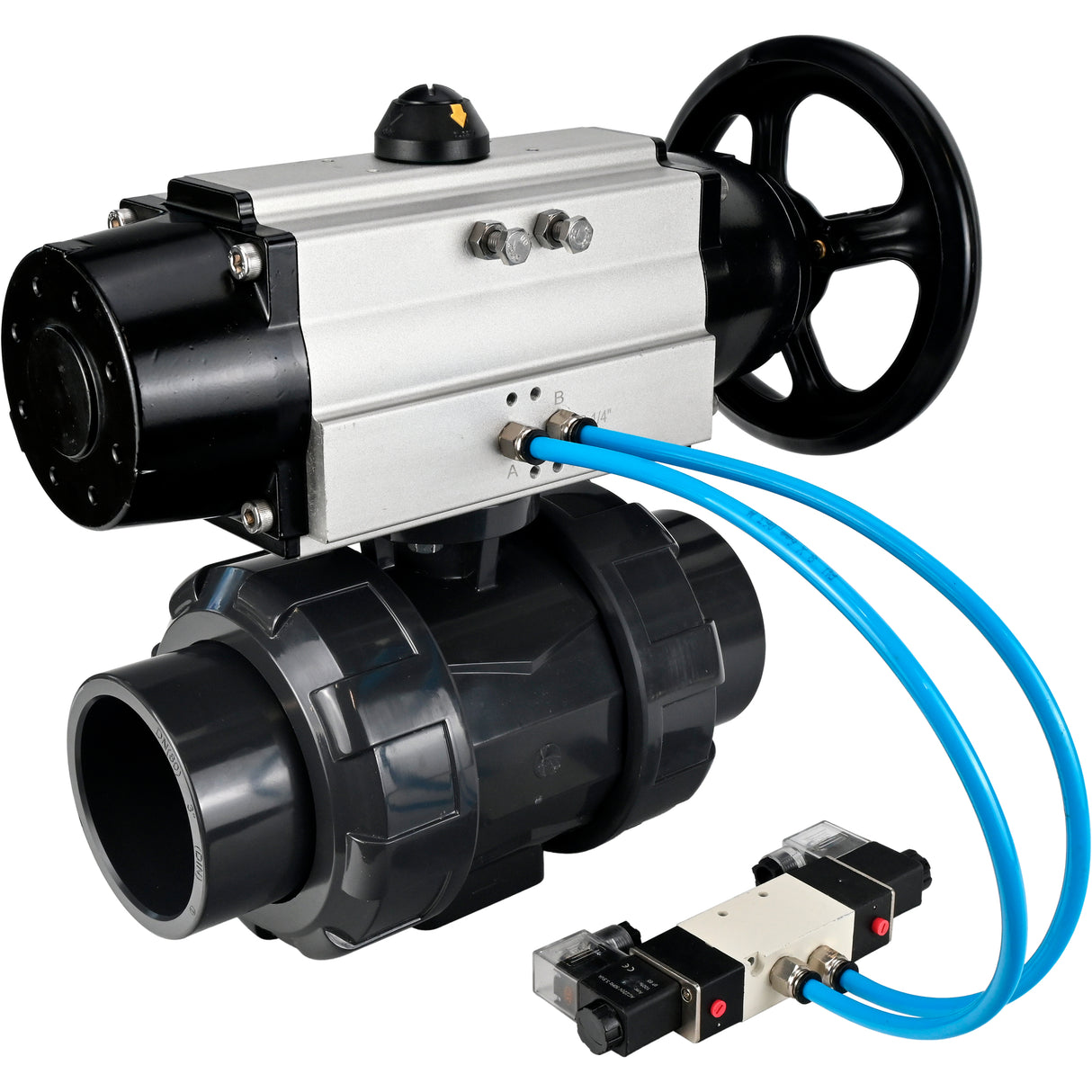 Ball valves Elephant BV4242E-FP-GRM-ISO, body material - UPVC, ball material - UPVC, seal - EPDM, with pneumatic actuator double action PA-DA-105-1 and pneumatic distributor 4V320-10 220V