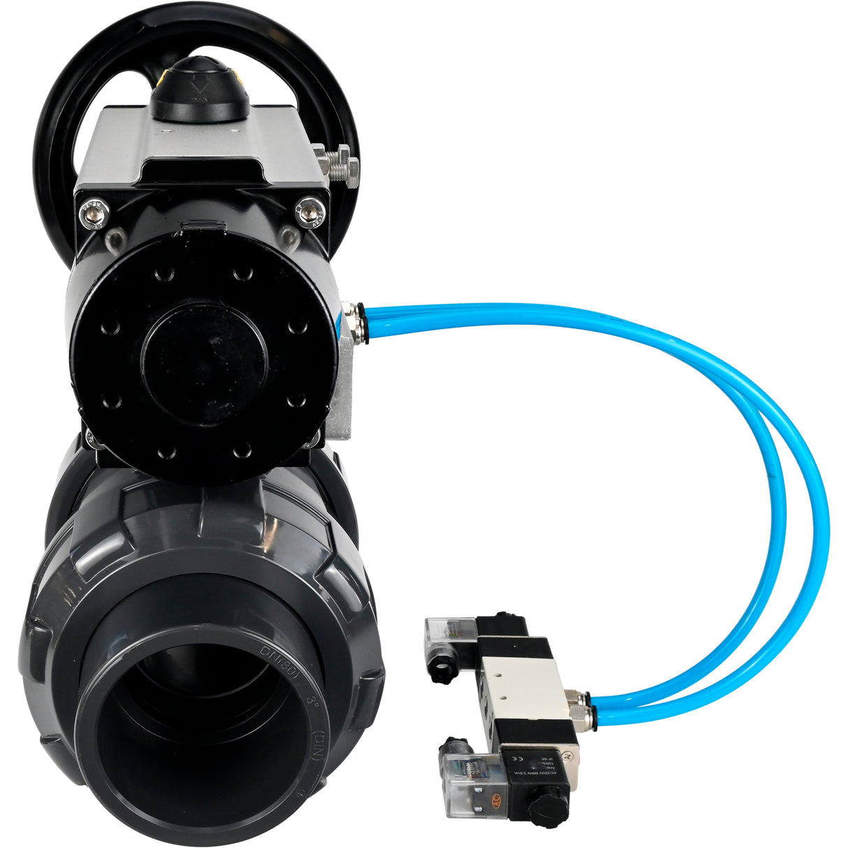 Ball valves Elephant BV4242E-FP-GRM-ISO, body material - UPVC, ball material - UPVC, seal - EPDM, with pneumatic actuator double action PA-DA-105-1 and pneumatic distributor 4V320-10 220V