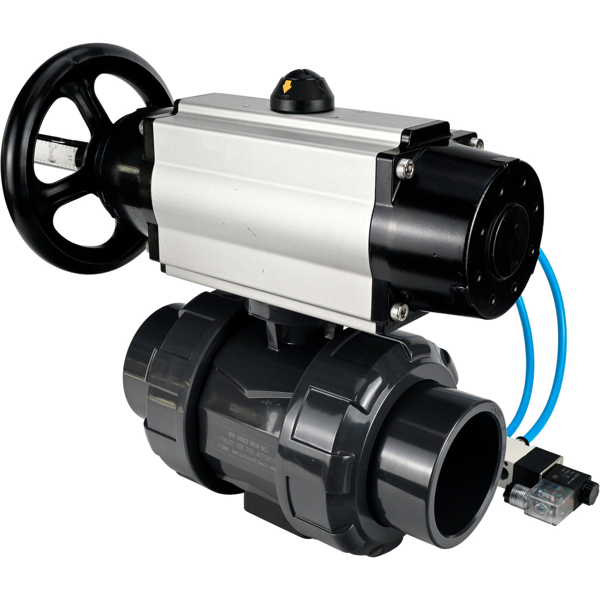 Ball valves Elephant BV4242E-FP-GRM-ISO, body material - UPVC, ball material - UPVC, seal - EPDM, with pneumatic actuator double action PA-DA-105-1 and pneumatic distributor 4V320-10 220V