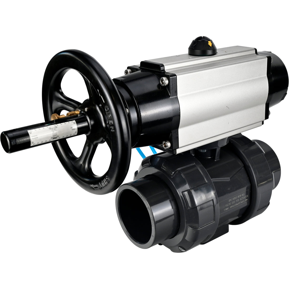 Ball valves Elephant BV4242E-FP-GRM-ISO, body material - UPVC, ball material - UPVC, seal - EPDM, with pneumatic actuator double action PA-DA-105-1 and pneumatic distributor 4V320-10 220V