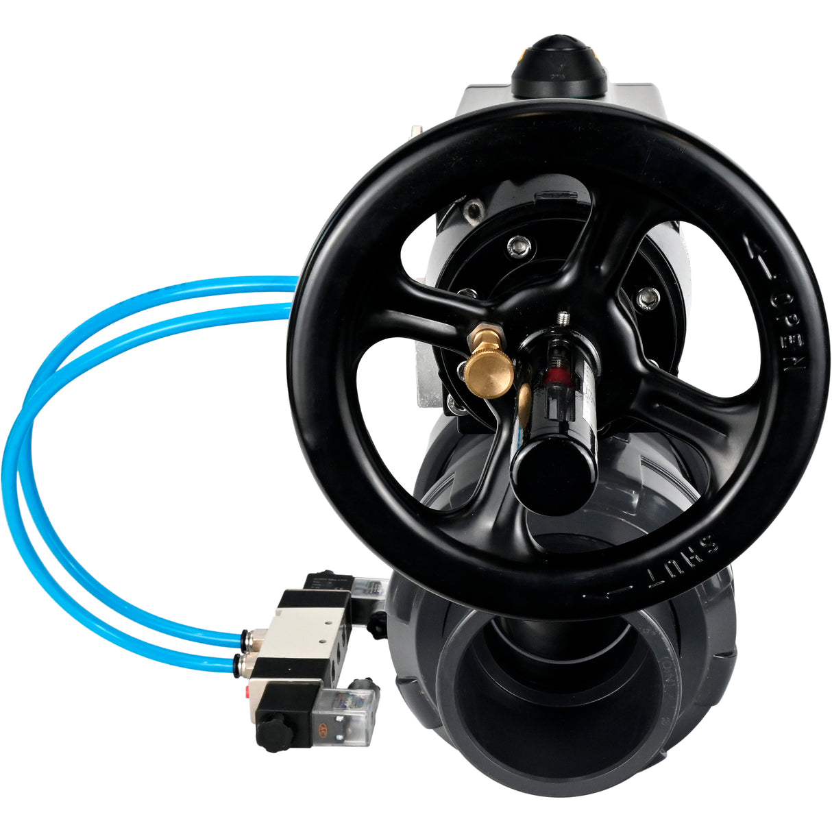 Ball valves Elephant BV4242E-FP-GRM-ISO, body material - UPVC, ball material - UPVC, seal - EPDM, with pneumatic actuator double action PA-DA-105-1 and pneumatic distributor 4V320-10 220V