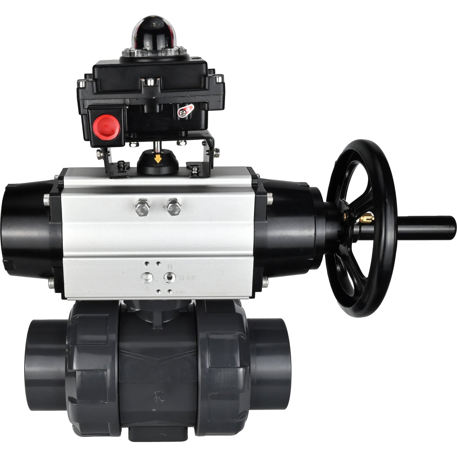 Ball valves Elephant BV4242E-FP-GRM-ISO, body material - UPVC, ball material - UPVC, seal - EPDM, with pneumatic actuator double action PA-DA-105-1 and LSU APL-410N EX