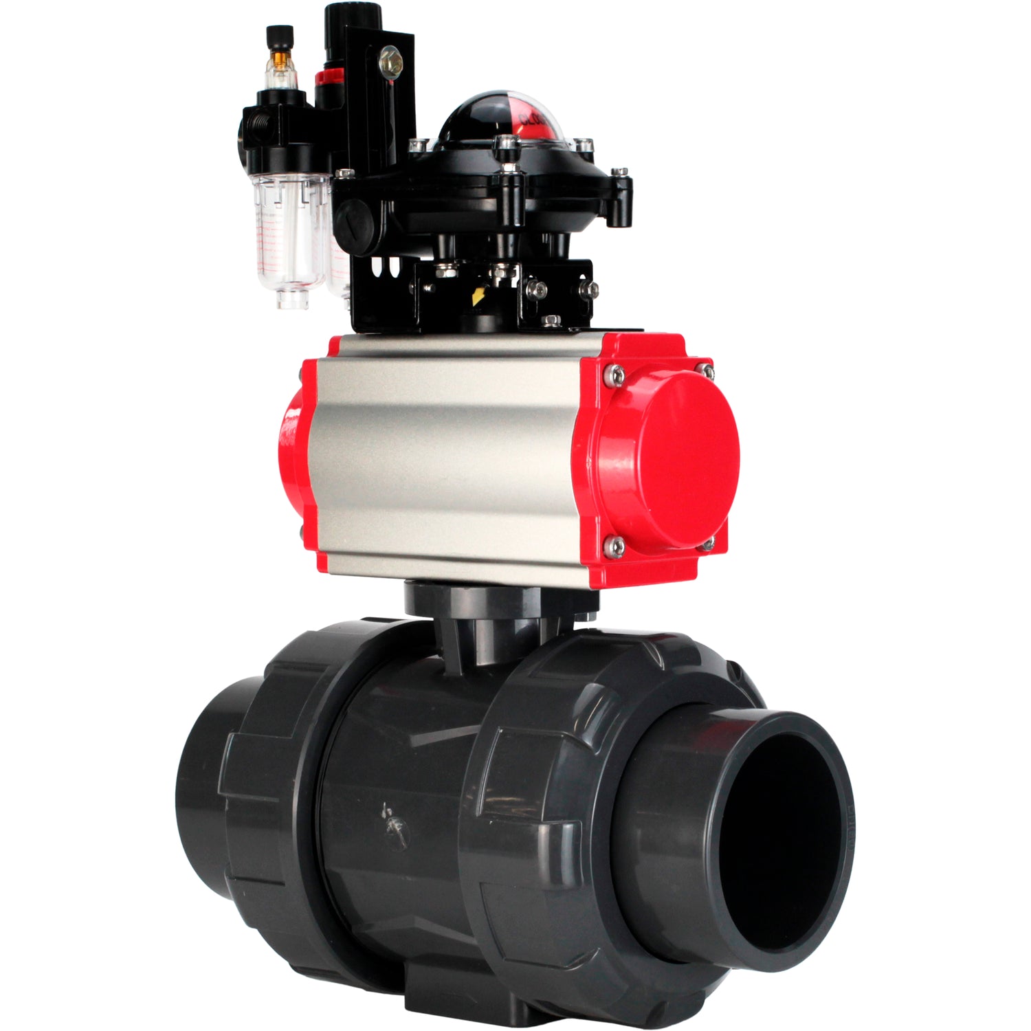 Ball valves Elephant BV4242E-FP-GRM-ISO, body material - UPVC, ball material - UPVC, seal - EPDM, with pneumatic actuator double action PA-DA, pneumatic distributor 4M310-08 24V, LSU APL-210N and ATU AFC2000