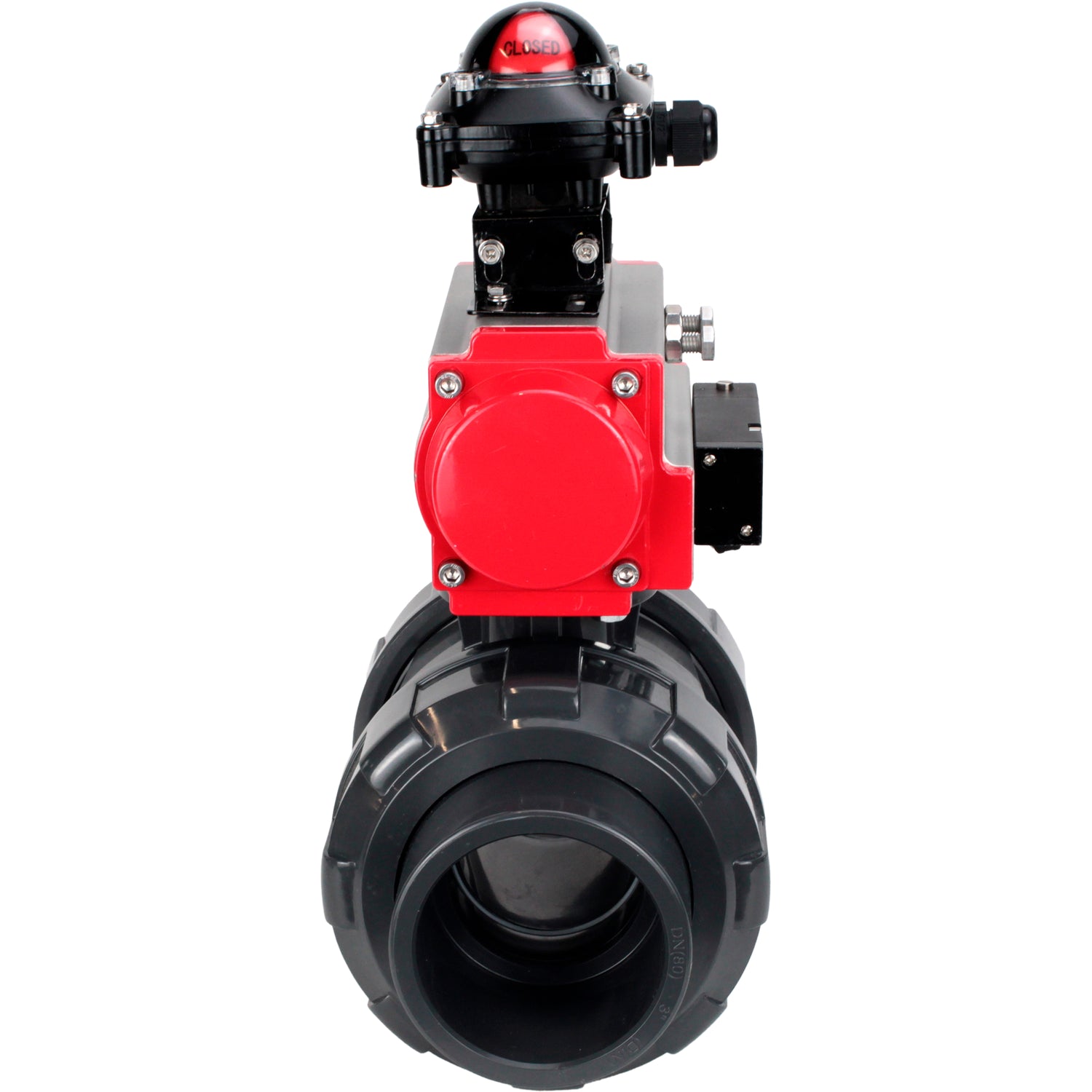 Ball valves Elephant BV4242E-FP-GRM-ISO, body material - UPVC, ball material - UPVC, seal - EPDM, with pneumatic actuator double action PA-DA, pneumatic distributor 4M310-08 24V and LSU APL-210N