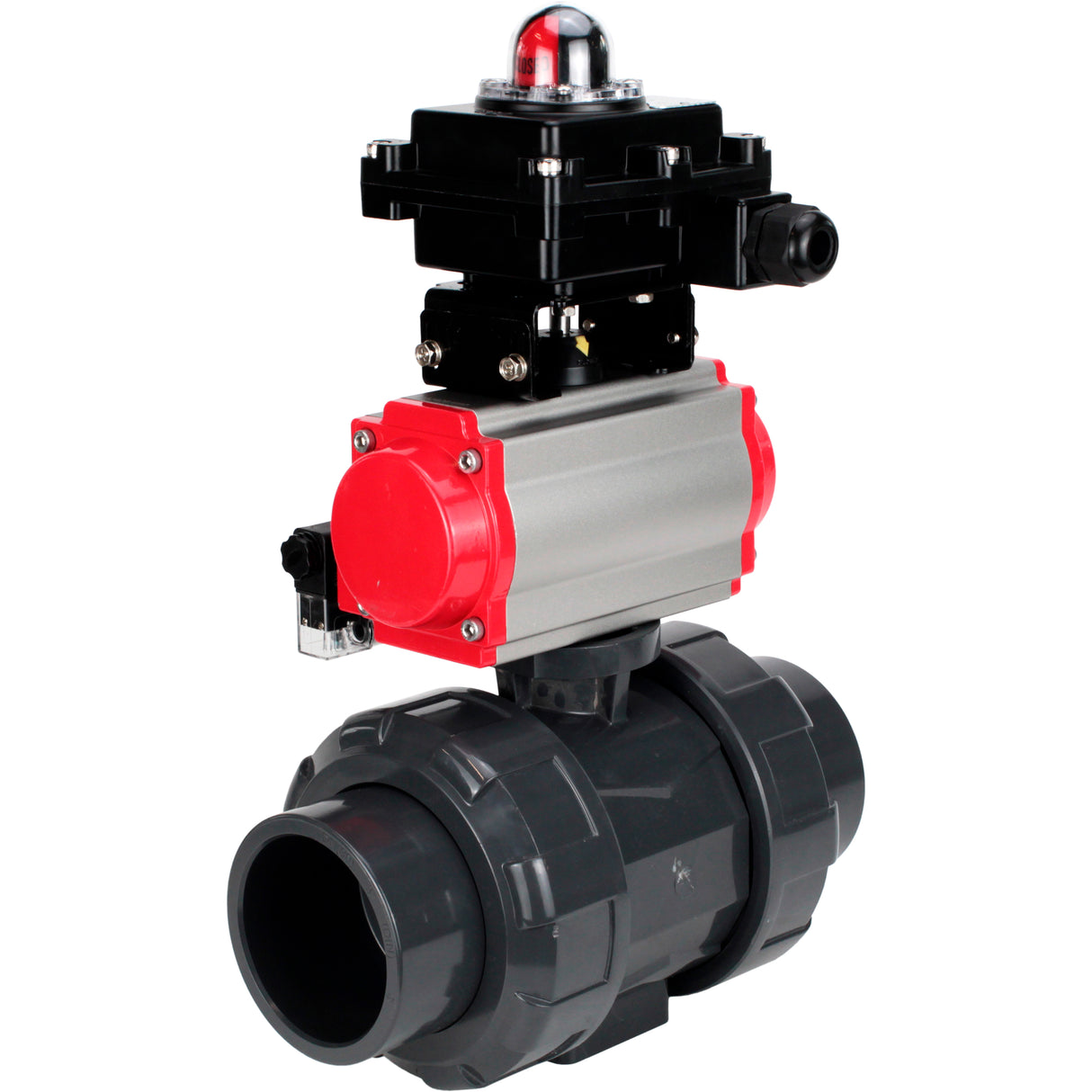 Ball valves Elephant BV4242E-FP-GRM-ISO, body material - UPVC, ball material - UPVC, seal - EPDM, with pneumatic actuator double action PA-DA, pneumatic distributor 4M310-08 24V and LSU APL-410N EX