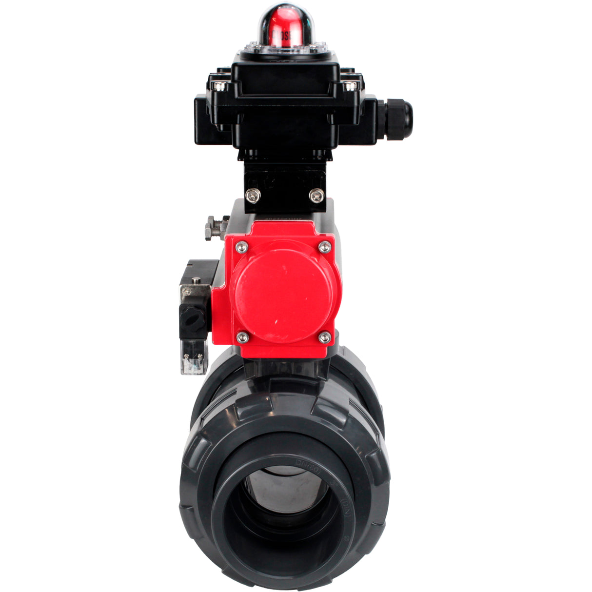Ball valves Elephant BV4242E-FP-GRM-ISO, body material - UPVC, ball material - UPVC, seal - EPDM, with pneumatic actuator double action PA-DA, pneumatic distributor 4M310-08 24V and LSU APL-410N EX