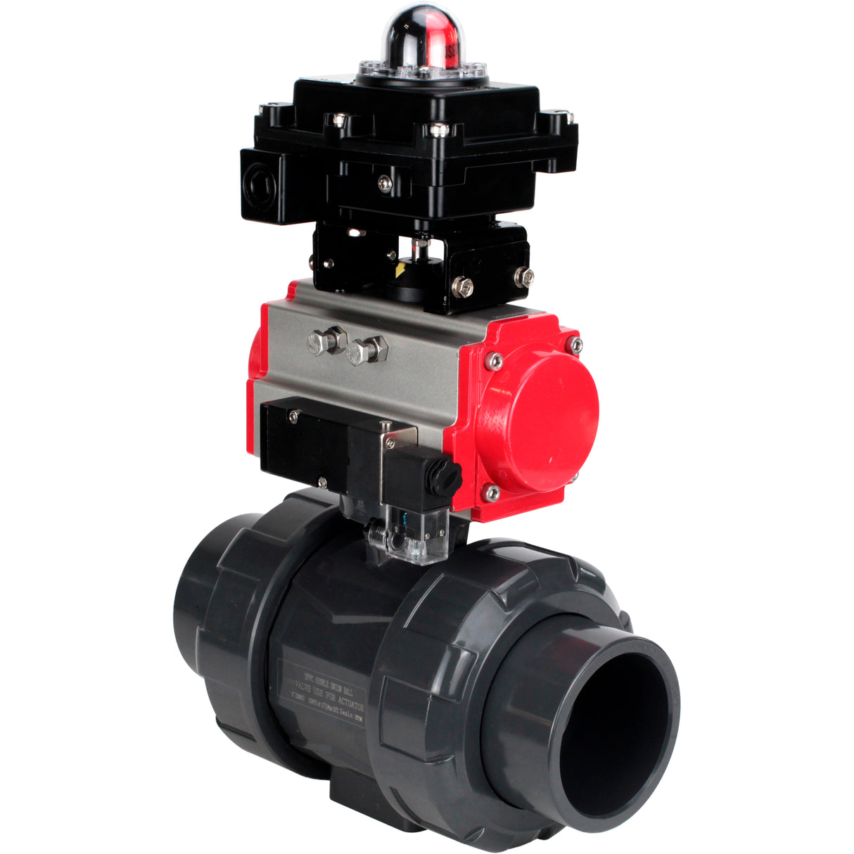 Ball valves Elephant BV4242E-FP-GRM-ISO, body material - UPVC, ball material - UPVC, seal - EPDM, with pneumatic actuator double action PA-DA, pneumatic distributor 4M310-08 24V and LSU APL-410N EX