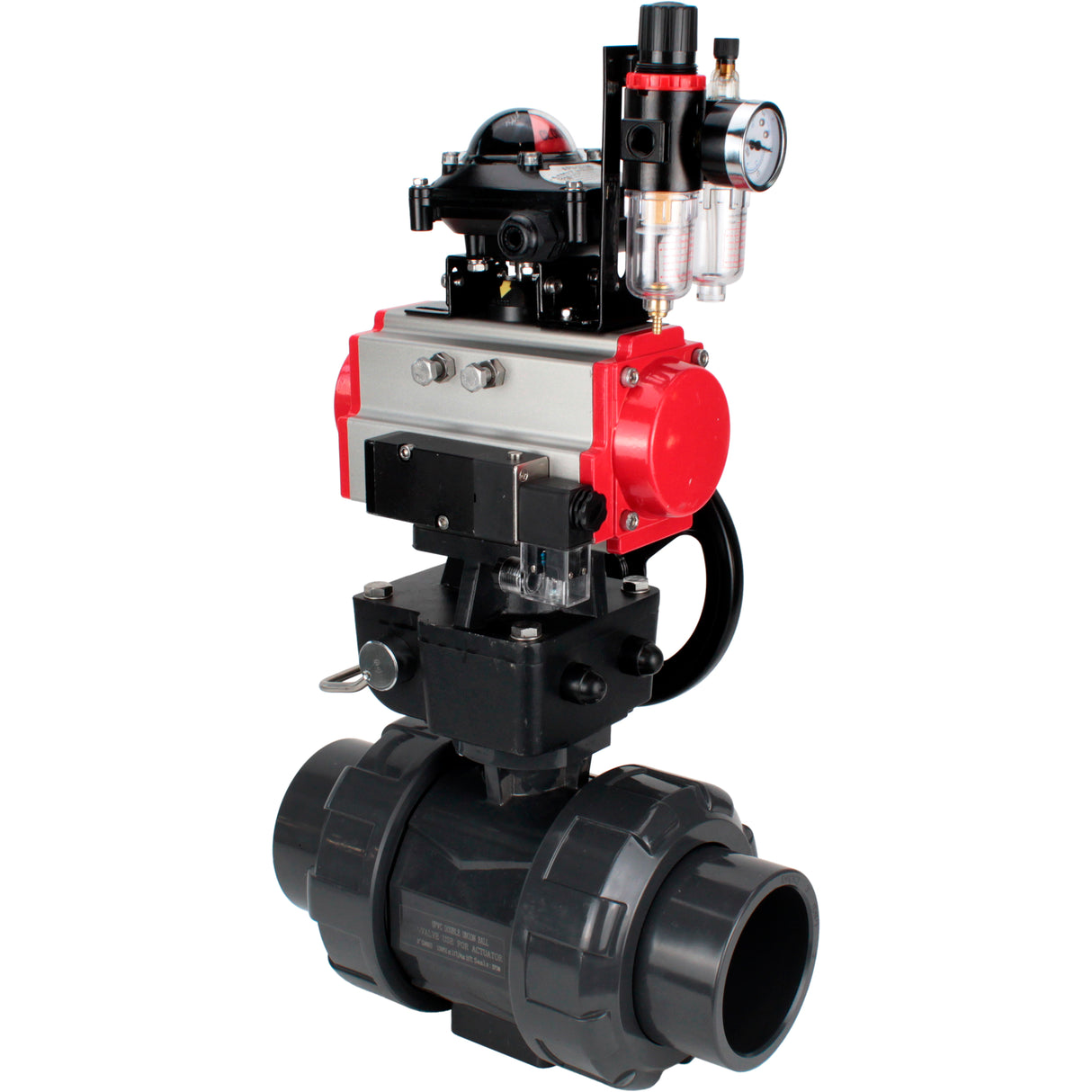 Ball valves Elephant BV4242E-FP-GRM-ISO, body material - UPVC, ball material - UPVC, seal - EPDM, with pneumatic actuator double action PA-DA, pneumatic distributor 4M310-08 220V, LSU APL-210N, ATU AFC2000 and handwheel MON