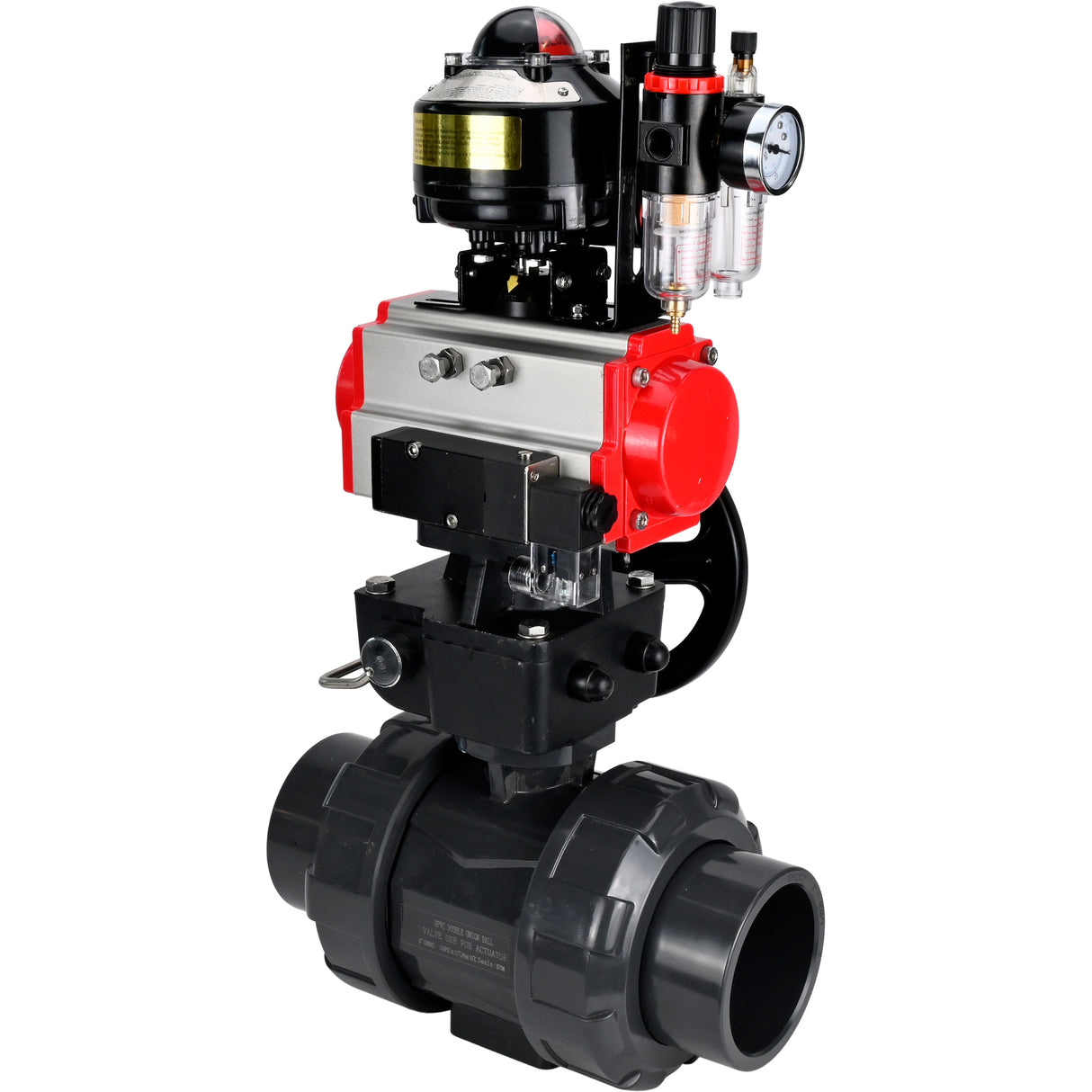 Ball valves Elephant BV4242E-FP-GRM-ISO, body material - UPVC, ball material - UPVC, seal - EPDM, with pneumatic actuator double action PA-DA, pneumatic distributor 4M310-08 220V, LSU APL-510N EX, ATU AFC2000 and handwheel MON