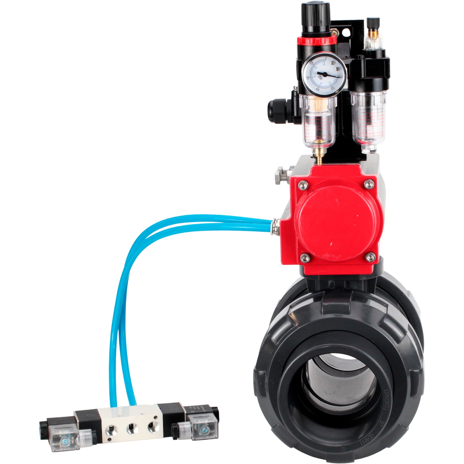 Ball valves Elephant BV4242E-FP-GRM-ISO, body material - UPVC, ball material - UPVC, seal - EPDM, with pneumatic actuator double action PA-DA, pneumatic distributor 4V320-08 220V, LSU APL-210N and ATU AFC2000