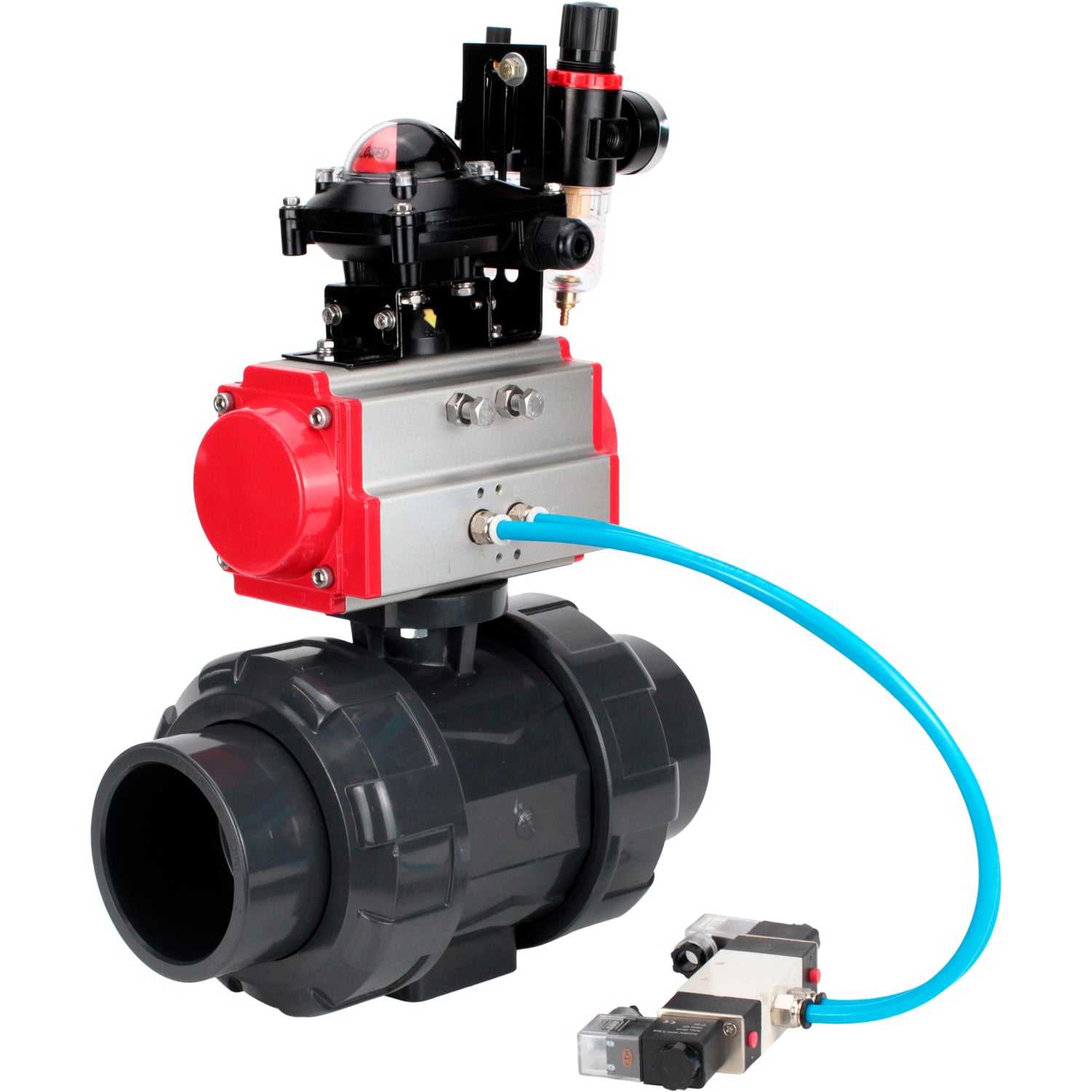 Ball valves Elephant BV4242E-FP-GRM-ISO, body material - UPVC, ball material - UPVC, seal - EPDM, with pneumatic actuator double action PA-DA, pneumatic distributor 4V320-08 220V, LSU APL-210N and ATU AFC2000
