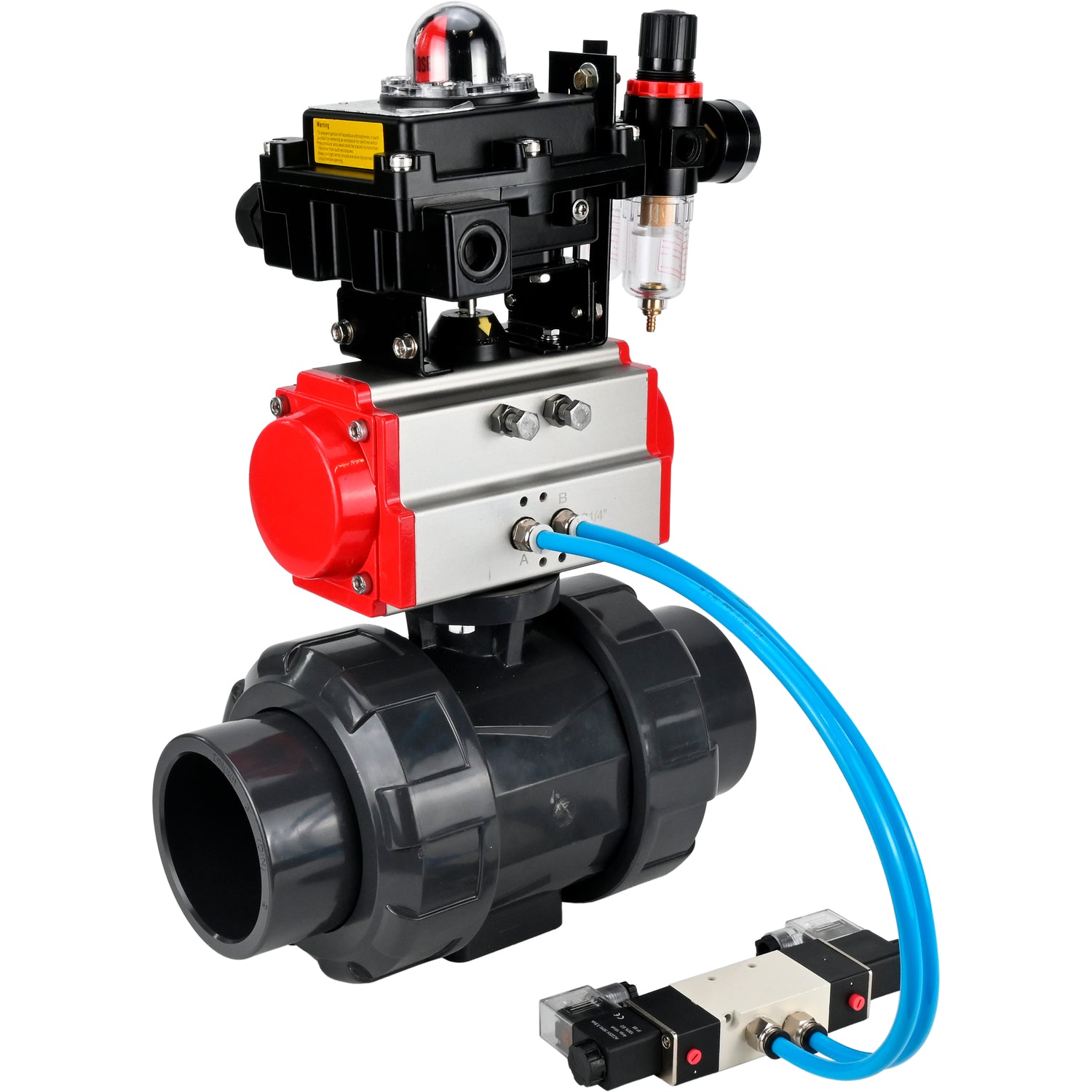 Ball valves Elephant BV4242E-FP-GRM-ISO, body material - UPVC, ball material - UPVC, seal - EPDM, with pneumatic actuator double action PA-DA, pneumatic distributor 4V320-10 220V, LSU APL-410N EX and ATU AFC2000
