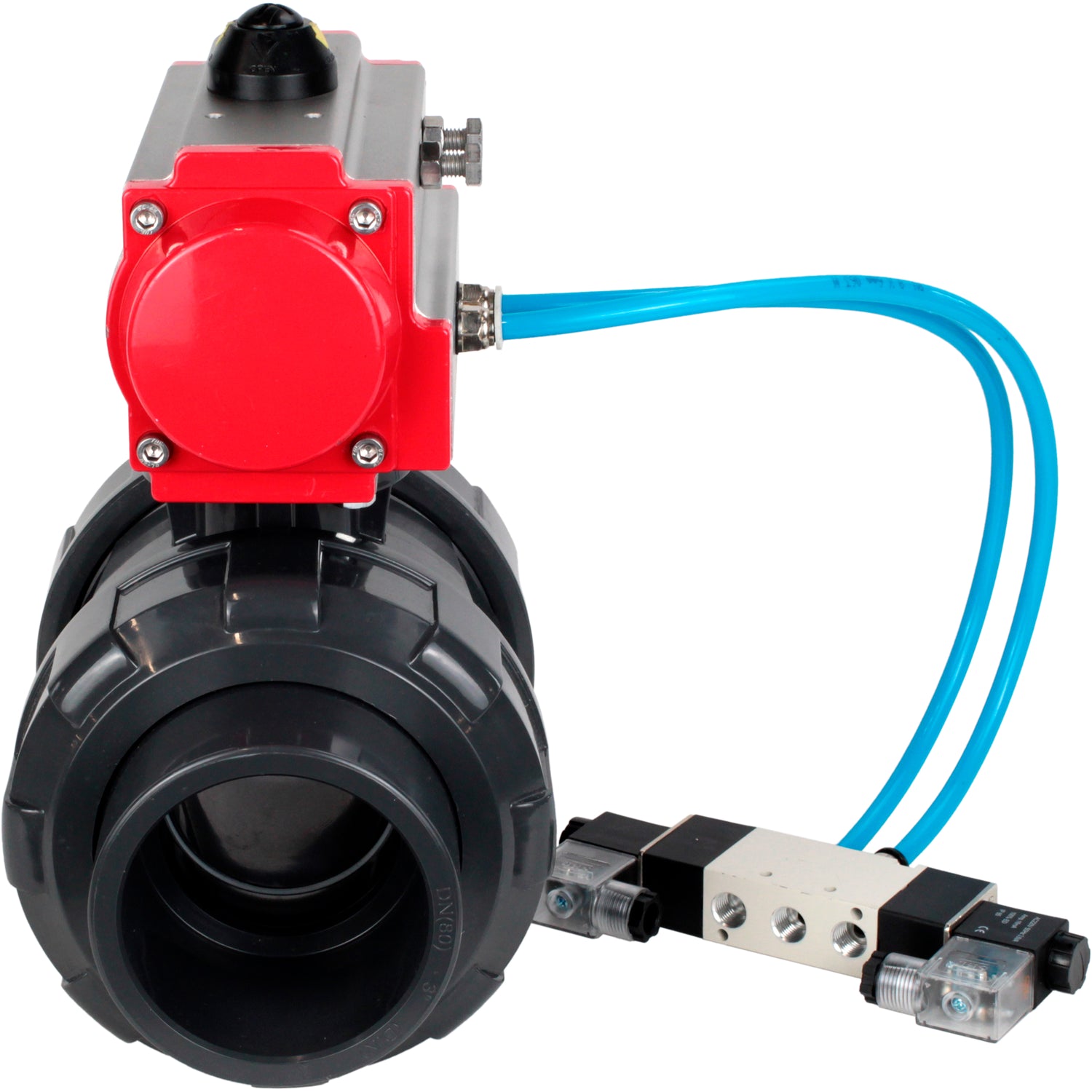 Ball valves Elephant BV4242E-FP-GRM-ISO, body material - UPVC, ball material - UPVC, seal - EPDM, with pneumatic actuator double action PA-DA and pneumatic distributor 4V320-08 220V