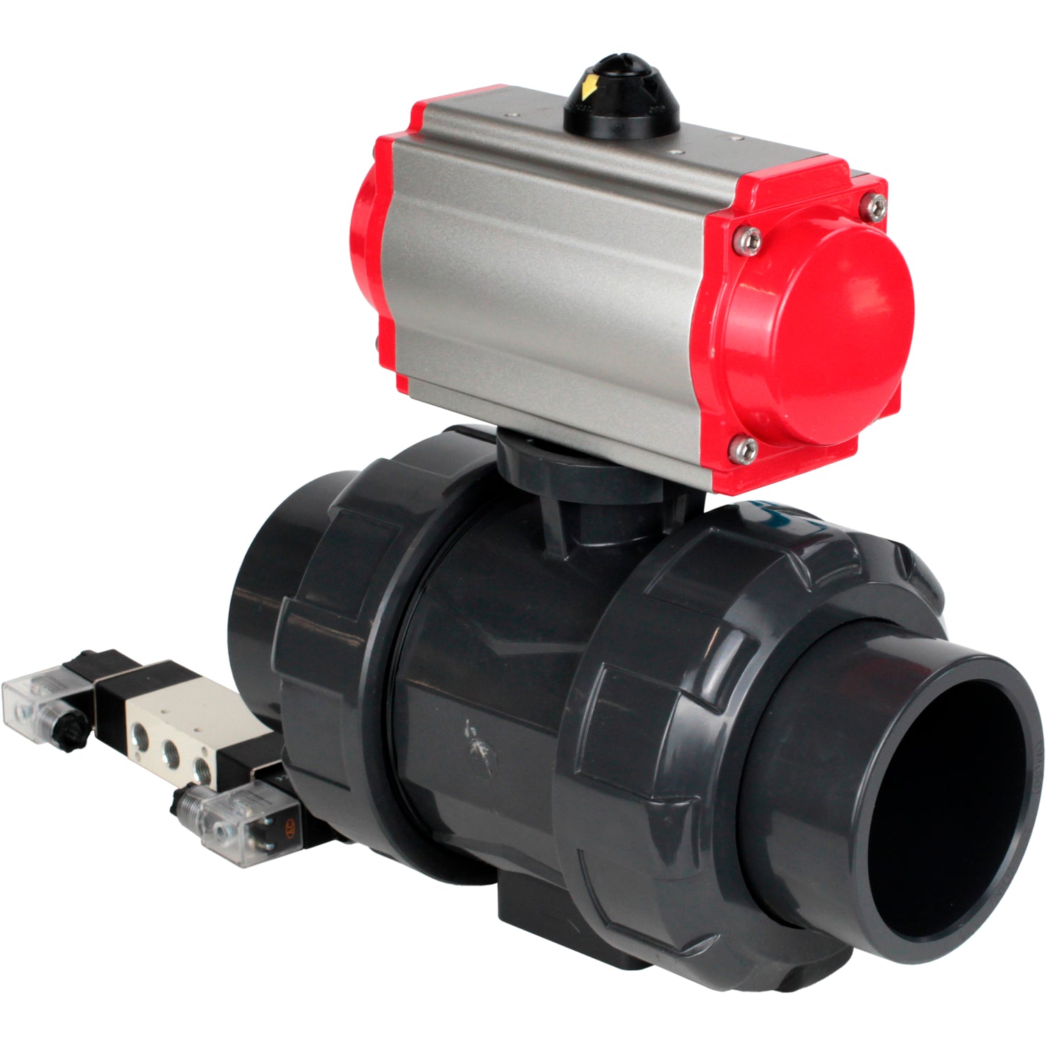 Ball valves Elephant BV4242E-FP-GRM-ISO, body material - UPVC, ball material - UPVC, seal - EPDM, with pneumatic actuator double action PA-DA and pneumatic distributor 4V320-08 220V