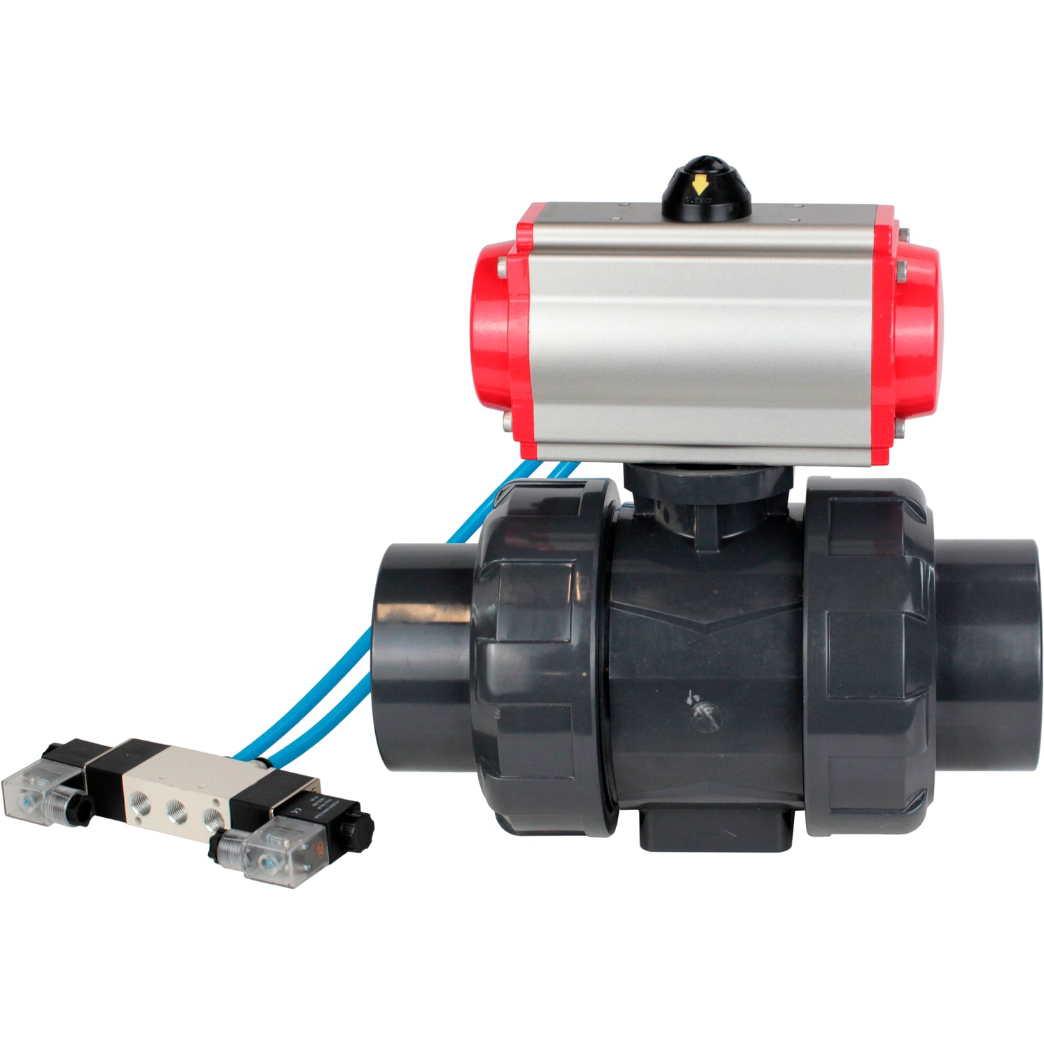 Ball valves Elephant BV4242E-FP-GRM-ISO, body material - UPVC, ball material - UPVC, seal - EPDM, with pneumatic actuator double action PA-DA and pneumatic distributor 4V320-08 220V