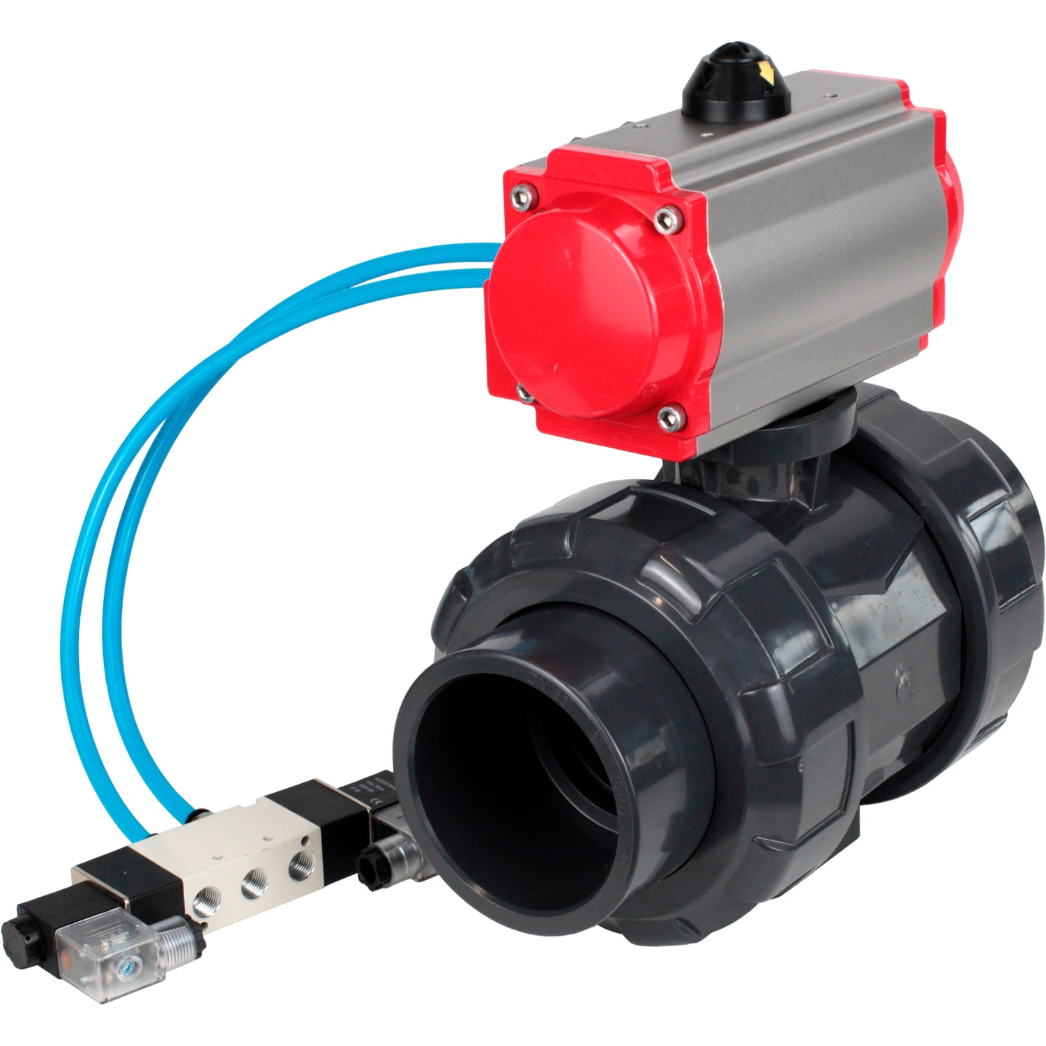 Ball valves Elephant BV4242E-FP-GRM-ISO, body material - UPVC, ball material - UPVC, seal - EPDM, with pneumatic actuator double action PA-DA and pneumatic distributor 4V320-08 220V