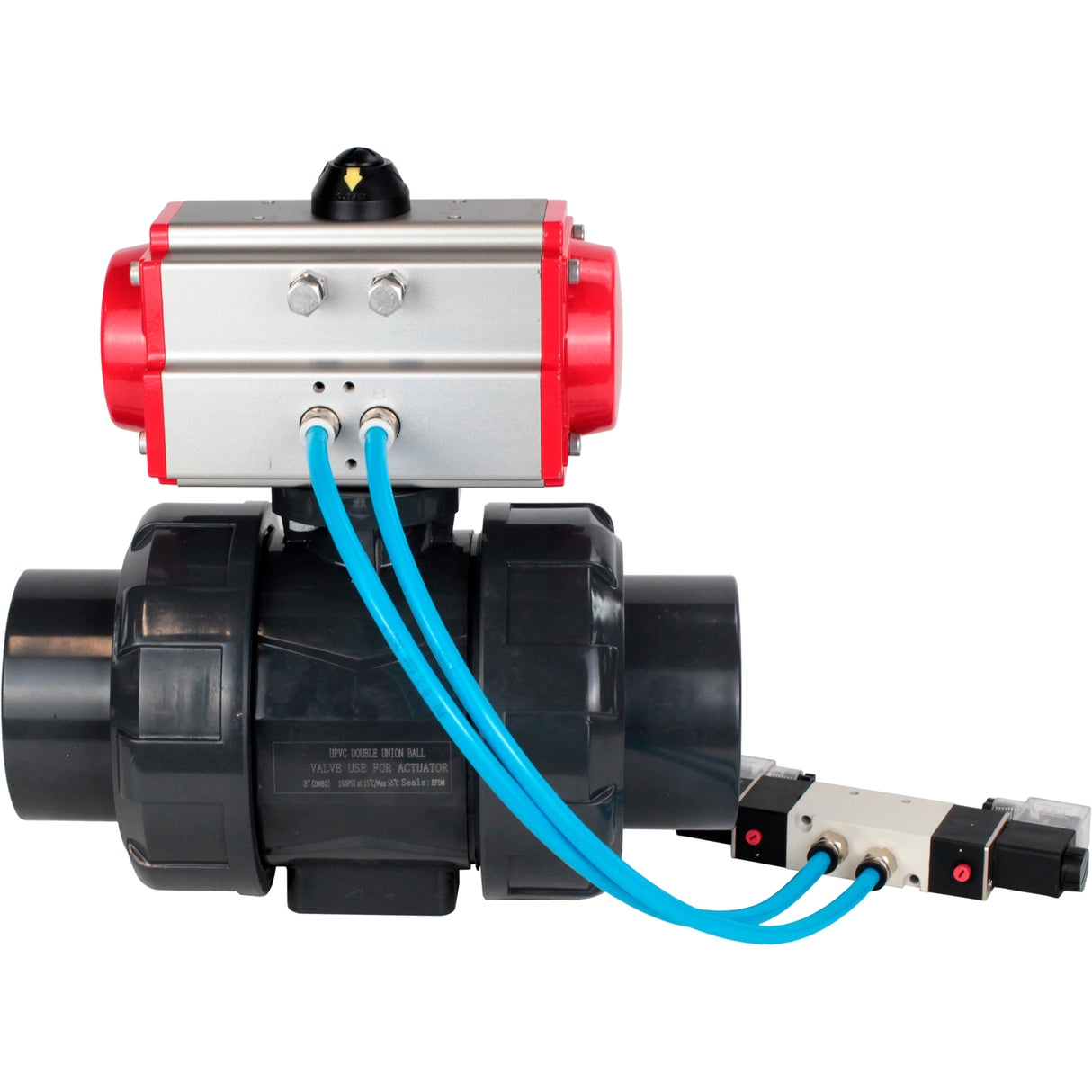 Ball valves Elephant BV4242E-FP-GRM-ISO, body material - UPVC, ball material - UPVC, seal - EPDM, with pneumatic actuator double action PA-DA and pneumatic distributor 4V320-08 220V