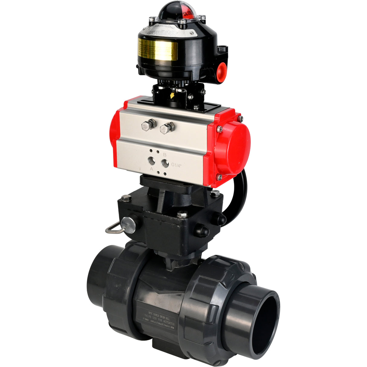 Ball valves Elephant BV4242E-FP-GRM-ISO, body material - UPVC, ball material - UPVC, seal - EPDM, with pneumatic actuator double action PA-DA, LSU APL-510N EX and handwheel MON