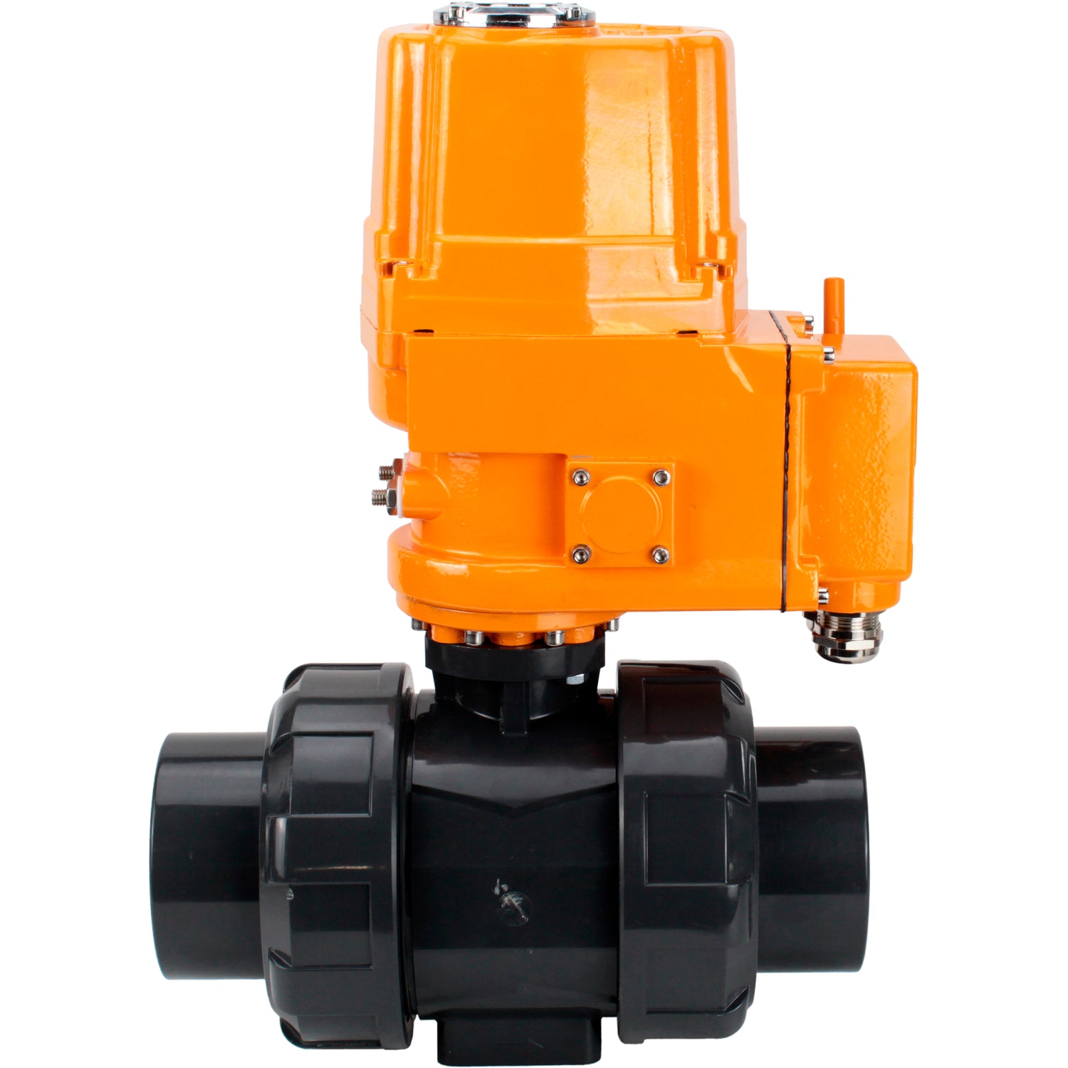 Ball valves Elephant BV4242E-FP-GRM-ISO, body material - UPVC, ball material - UPVC, seal - EPDM, with explosion-proof quarter-turn actuator QT-EX-EM-O2-24VDC-U1