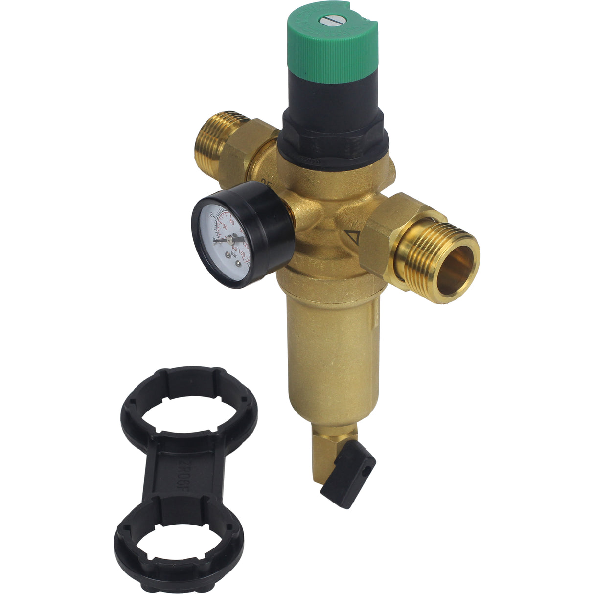 Spülsieb Elephant FMTWR0031-T mit Gewinde, T-förmig, Gehäuse aus Messing, Sieb aus Edelstahl 304, mit Manometer und mit Reduzierstück