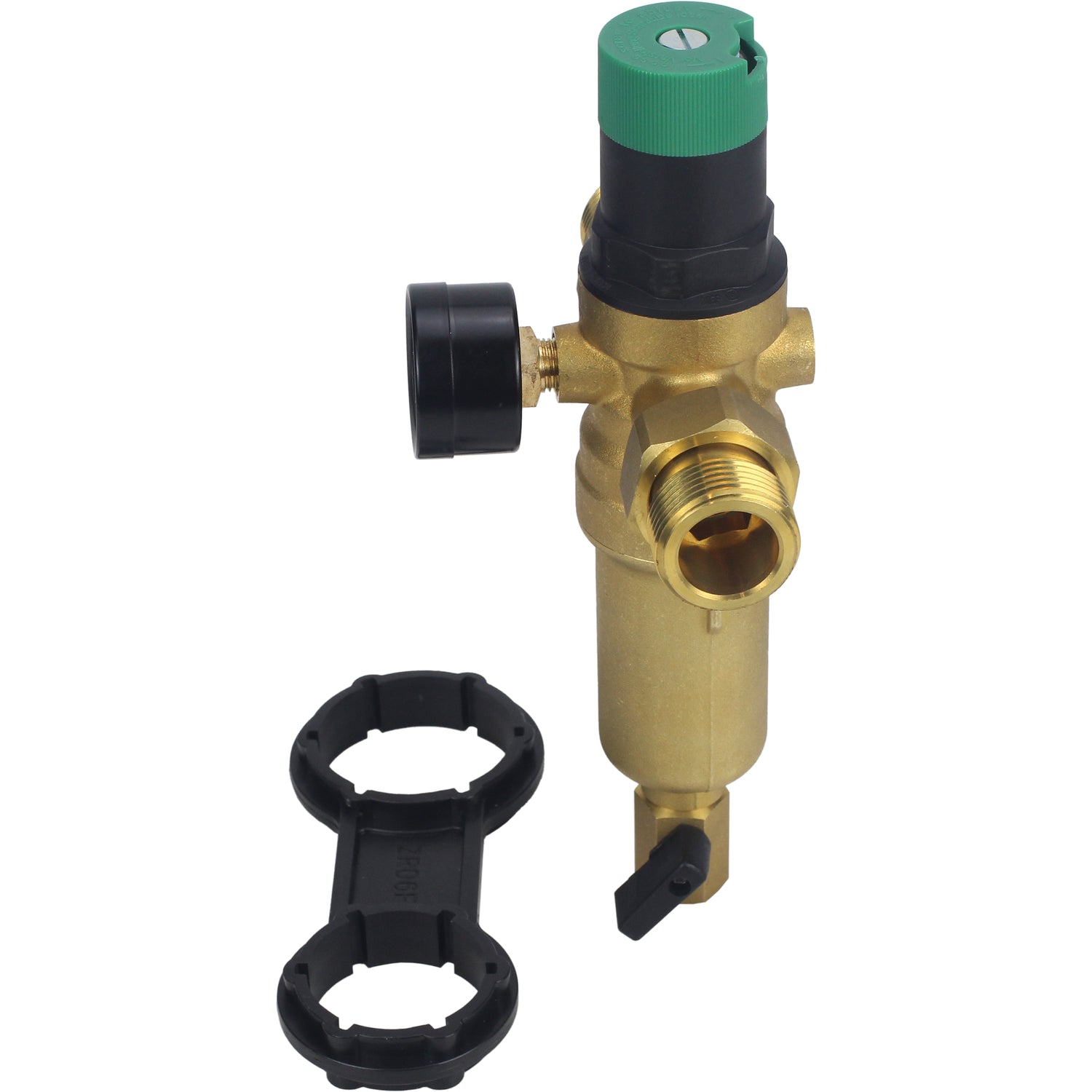 Spülsieb Elephant FMTWR0031-T mit Gewinde, T-förmig, Gehäuse aus Messing, Sieb aus Edelstahl 304, mit Manometer und mit Reduzierstück