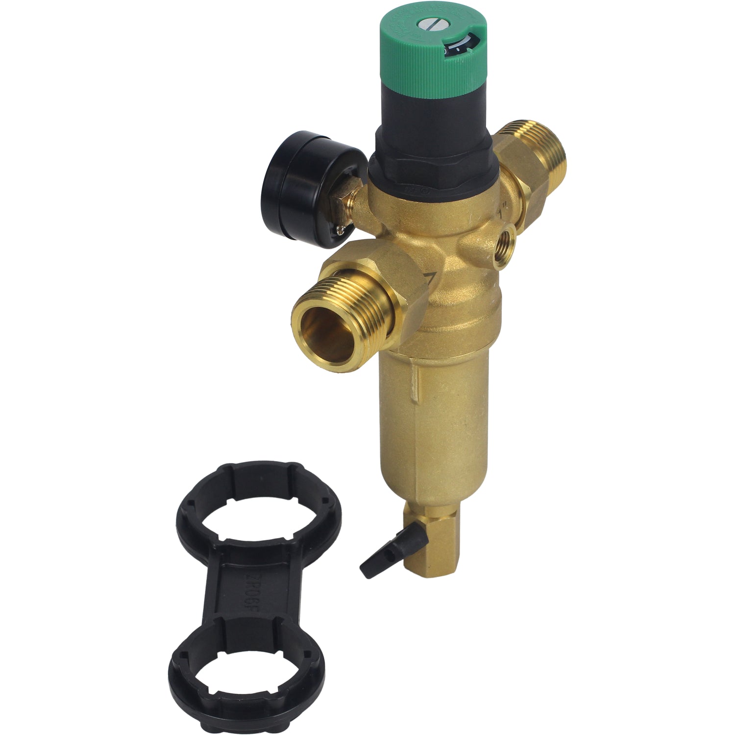 Spülsieb Elephant FMTWR0031-T mit Gewinde, T-förmig, Gehäuse aus Messing, Sieb aus Edelstahl 304, mit Manometer und mit Reduzierstück