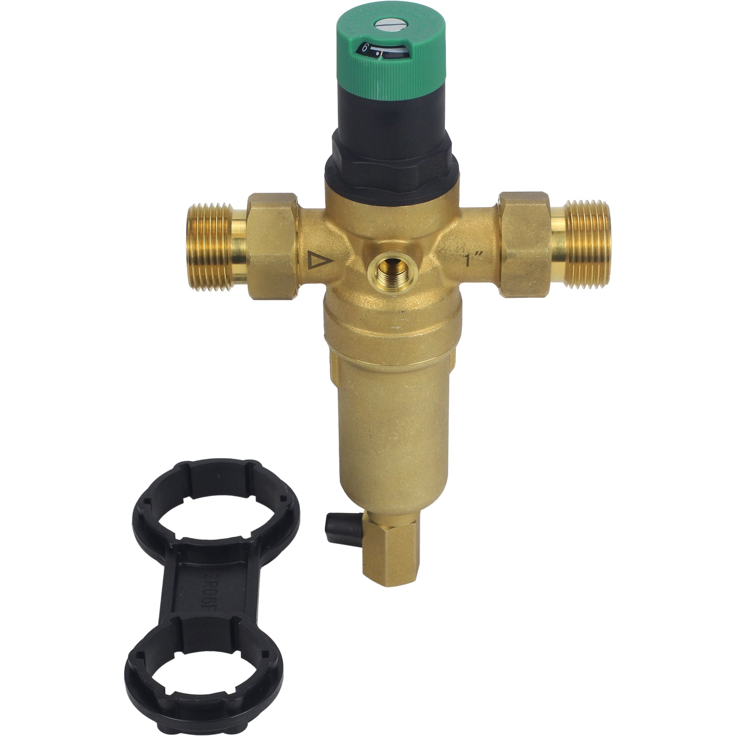 Spülsieb Elephant FMTWR0031-T mit Gewinde, T-förmig, Gehäuse aus Messing, Sieb aus Edelstahl 304, mit Manometer und mit Reduzierstück