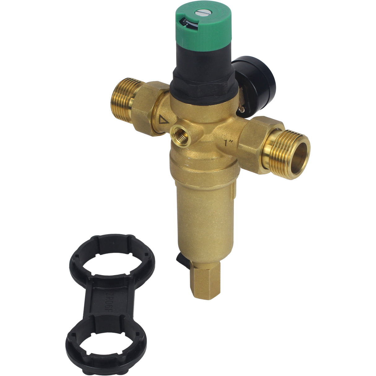 Spülsieb Elephant FMTWR0031-T mit Gewinde, T-förmig, Gehäuse aus Messing, Sieb aus Edelstahl 304, mit Manometer und mit Reduzierstück