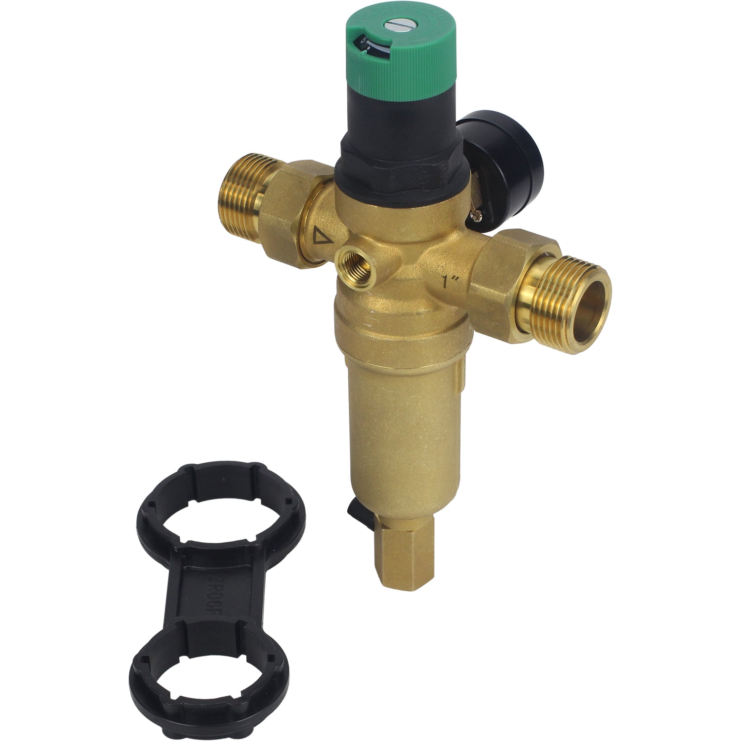 Spülsieb Elephant FMTWR0031-T mit Gewinde, T-förmig, Gehäuse aus Messing, Sieb aus Edelstahl 304, mit Manometer und mit Reduzierstück