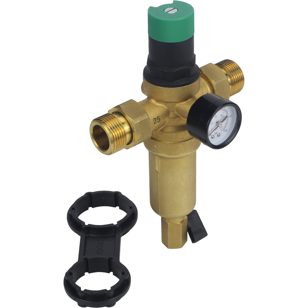 Spülsieb Elephant FMTWR0031-T mit Gewinde, T-förmig, Gehäuse aus Messing, Sieb aus Edelstahl 304, mit Manometer und mit Reduzierstück