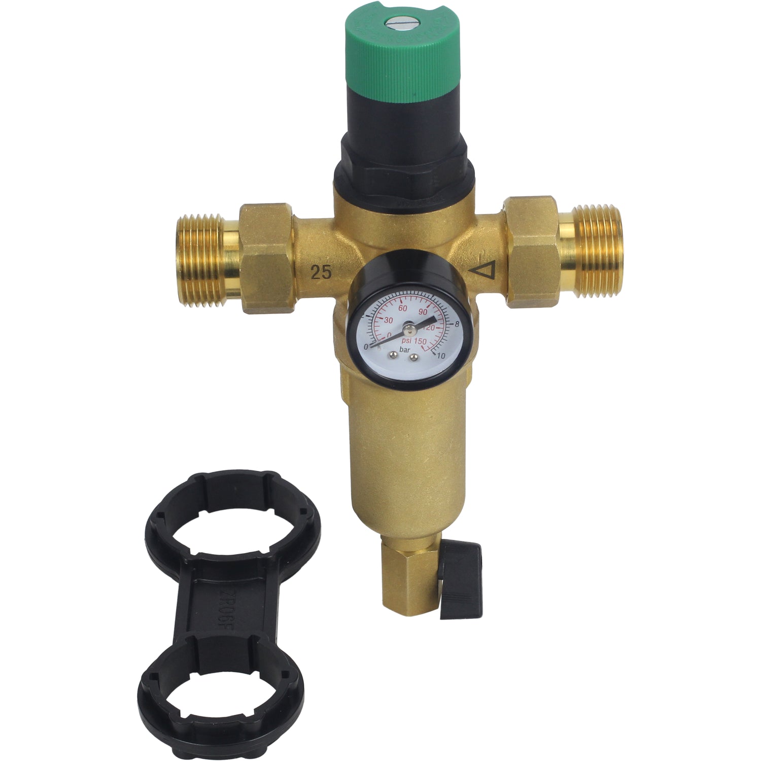 Spülsieb Elephant FMTWR0031-T mit Gewinde, T-förmig, Gehäuse aus Messing, Sieb aus Edelstahl 304, mit Manometer und mit Reduzierstück