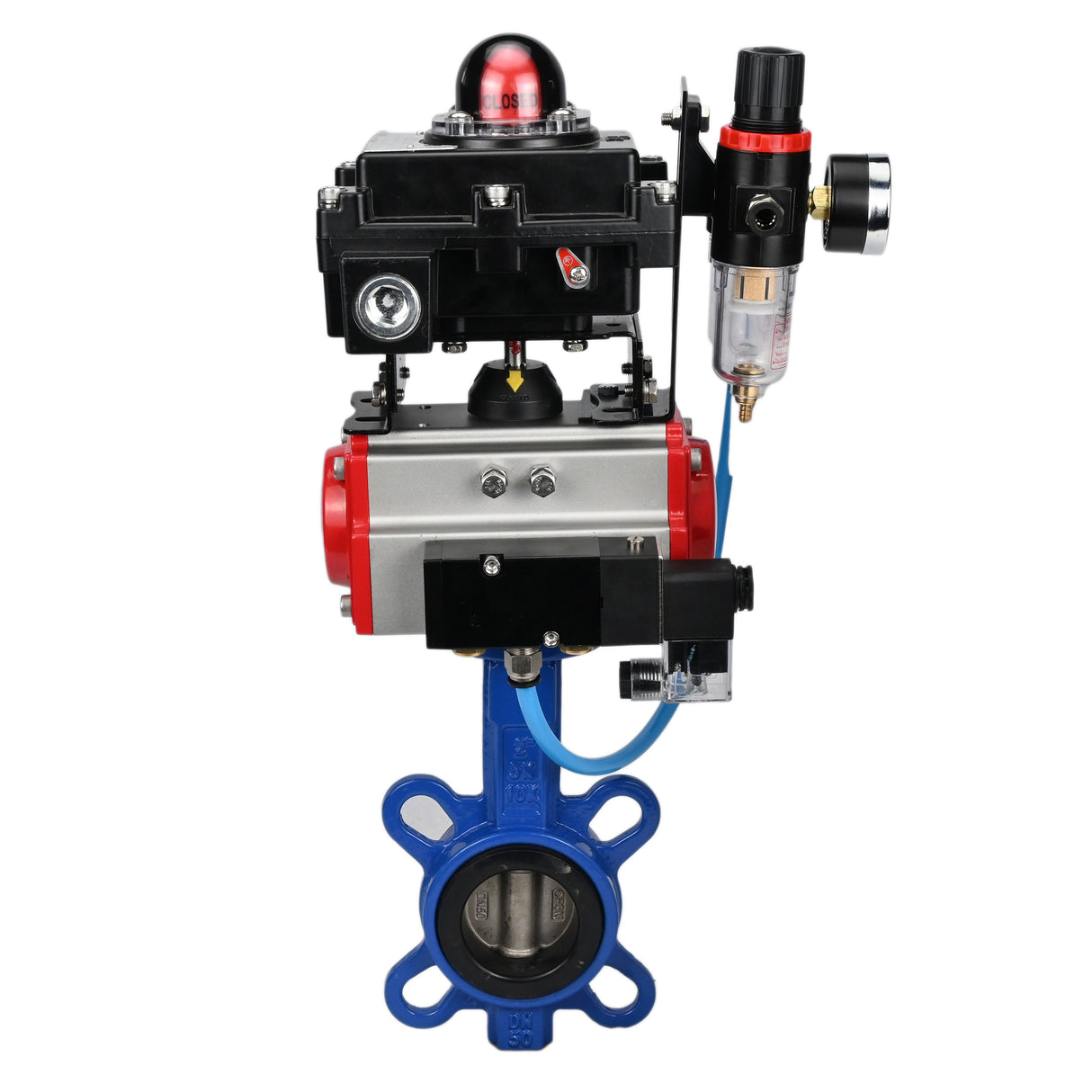 Water butterfly valve Elephant GGG50-GGG40-EPDM body material - cast iron GGG50, disk material - cast iron GGG40, seal - EPDM with pneumatic actuator Elephant DA, pneumatic distributor 4M310-08 24V, limit switch block APL-410N EX and air filter AFC2000