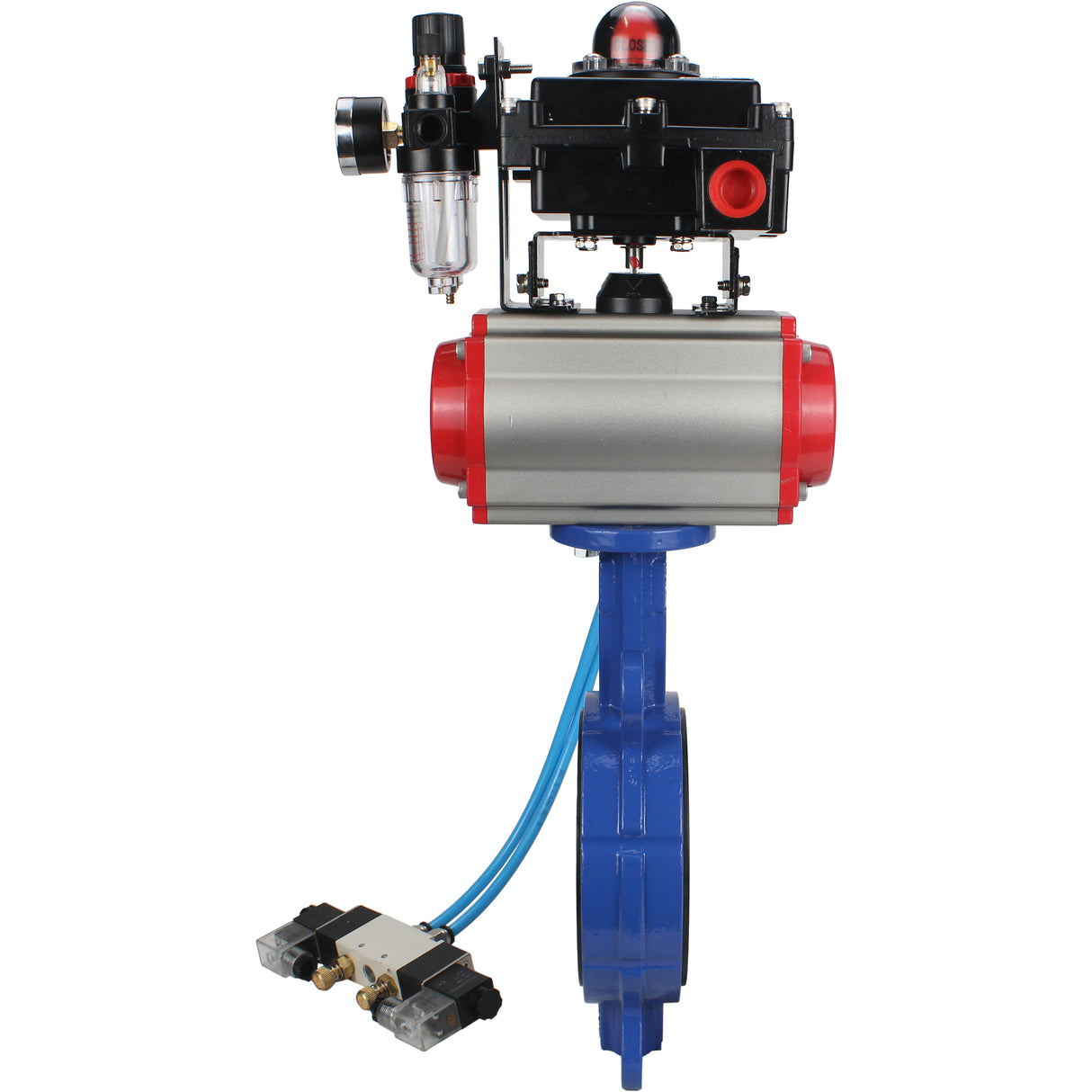 Wasser-Schmetterlingsventil Elephant WBV1413E-2W-Fb-H, Gehäusematerial - Gusseisen GGG50, Scheibenmaterial - Gusseisen GGG40, Dichtung - EPDM, mit pneumatischem Antrieb mit Rückstellfedern PA-SA, 4V320-08 220V, LSU APL-410N EX, ATU AFC2000