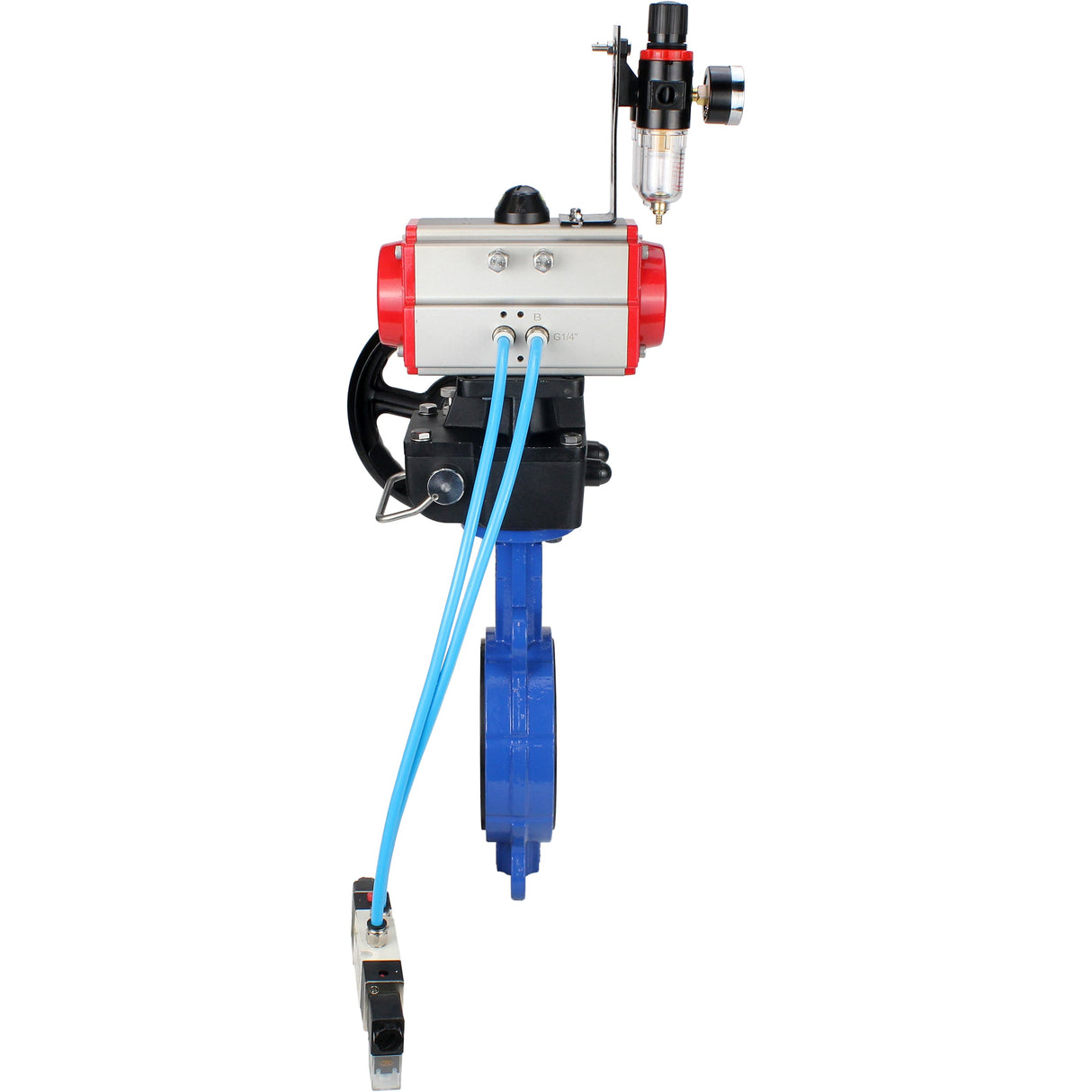 Wasser-Schmetterlingsventil Elephant WBV1413E-2W-Fb-H, Gehäusematerial - Gusseisen GGG50, Scheibenmaterial - Gusseisen GGG40, Dichtung - EPDM, mit pneumatischem Doppelwirkungsantrieb PA-DA, 4V320-08 220V, Handrad MON, ATU AFC2000