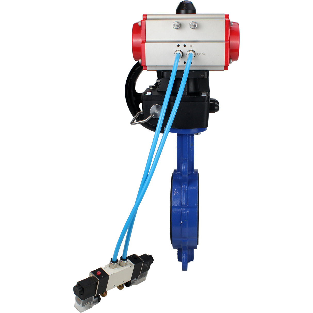 Wasser-Schmetterlingsventil Elephant WBV1413E-2W-Fb-H, Gehäusematerial - Gusseisen GGG50, Scheibenmaterial - Gusseisen GGG40, Dichtung - EPDM, mit pneumatischem Doppelwirkungsantrieb PA-DA, 4V320-08 220V, Handrad MON