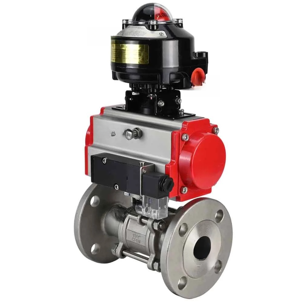 Ball valves Elephant BV3232P(3pc)-FP-F-ISO-H DN65-100 25/40 bar flanged with ISO flange, body - 316 stainless steel, full bore, seal - PTFE, with PA-SA pneumatic actuator, pneumatic distributor 4M310-08 NAMUR 24V, LSU APL-510N Ex