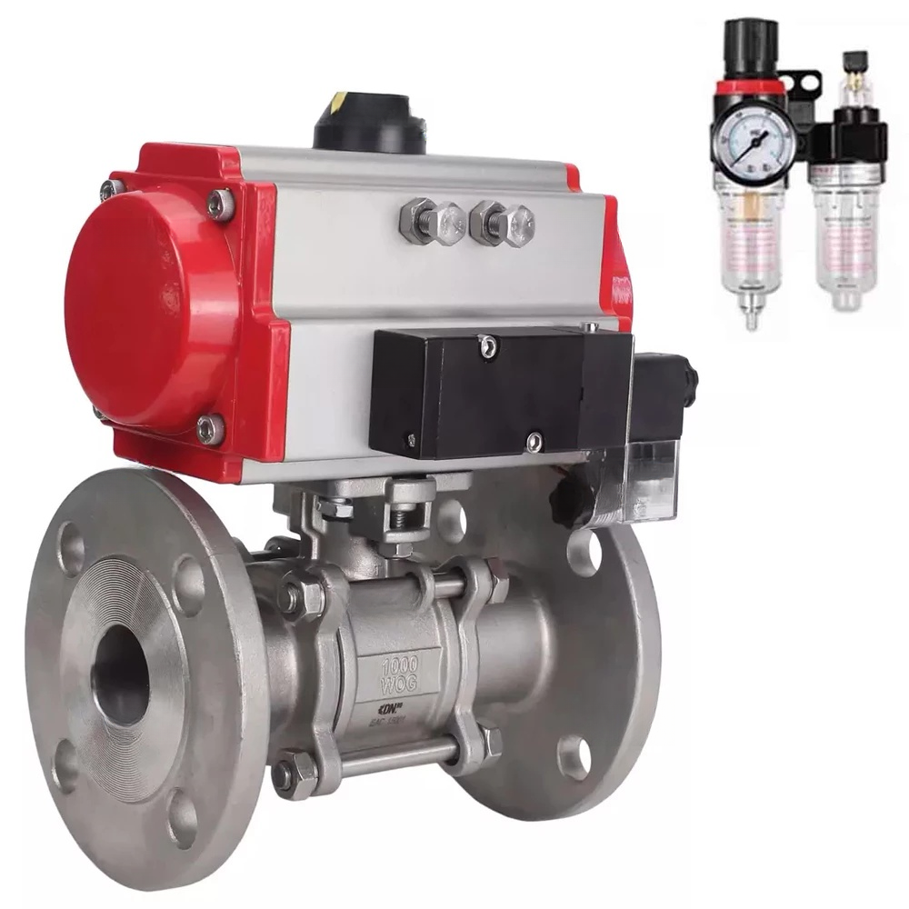 Ball valves Elephant BV3232P(3pc)-FP-F-ISO-H DN65-100 25/40 bar flanged with ISO flange, body - 316 stainless steel, full bore, seal - PTFE, with PA-SA pneumatic actuator, pneumatic distributor 4M310-08 NAMUR 24V, ATU AFC2000