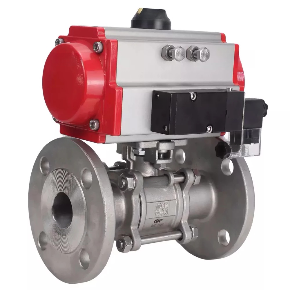 Ball valves Elephant BV3232P(3pc)-FP-F-ISO-H DN65-100 25/40 bar flanged with ISO flange, body - 316 stainless steel, full bore, seal - PTFE, with pneumatic drive PA-DA pneumatic distributor 4M310-08 NAMUR 220V