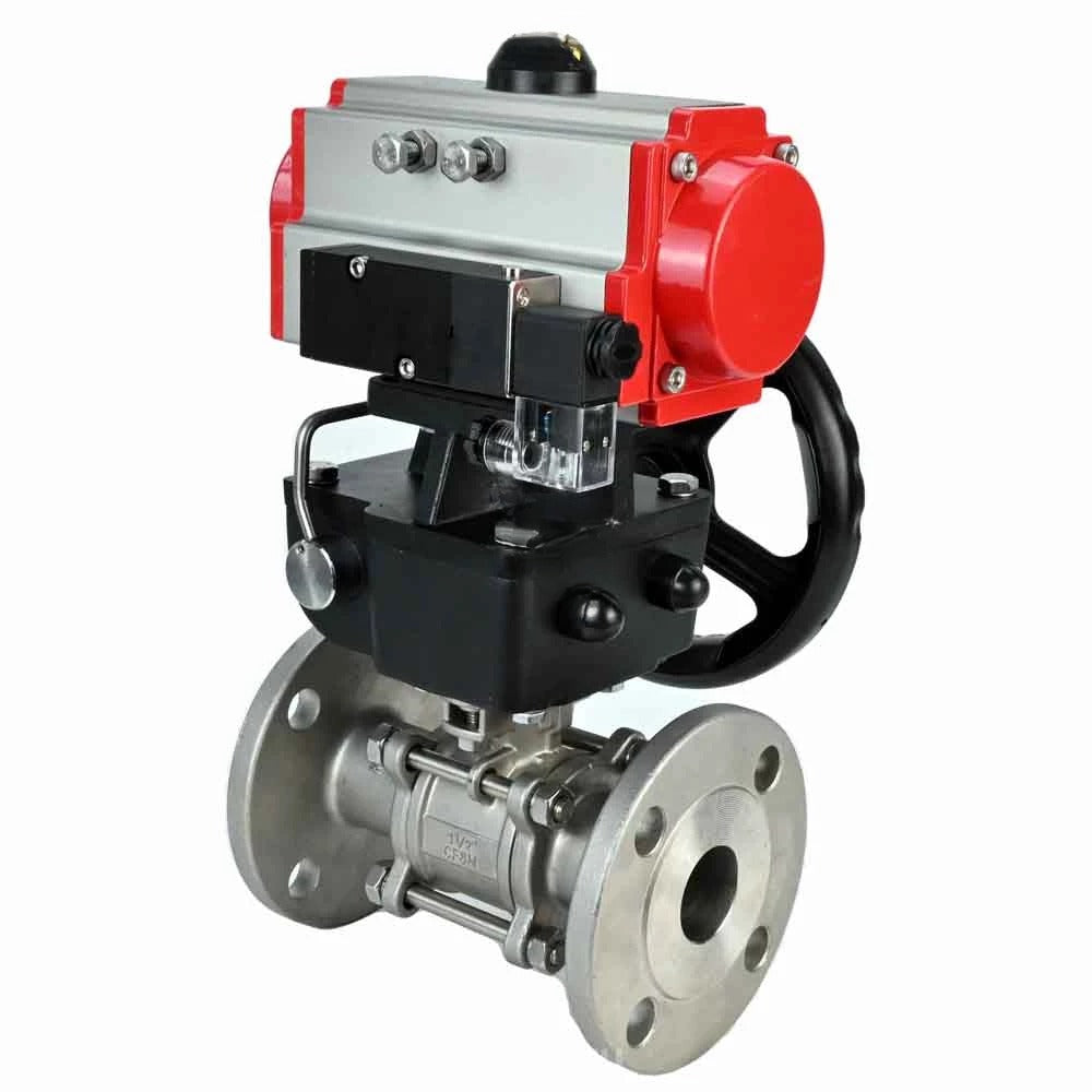 Ball valves Elephant BV3232P(3pc)-FP-F-ISO-H DN65-100 25/40 bar flanged with ISO flange, body - 316 stainless steel, full bore, seal - PTFE, with pneumatic drive PA-DA pneumatic distributor 4M310-08 NAMUR 220V, manual backup MON3-700-T38-ISO