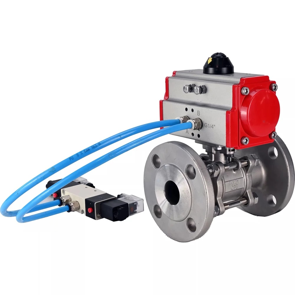Ball valves Elephant BV3232P(3pc)-FP-F-ISO-H DN65-100 25/40 bar flanged with ISO flange, body - 316 stainless steel, full bore, seal - PTFE, with PA-SA pneumatic actuator, pneumatic distributor 4V320-08 220V