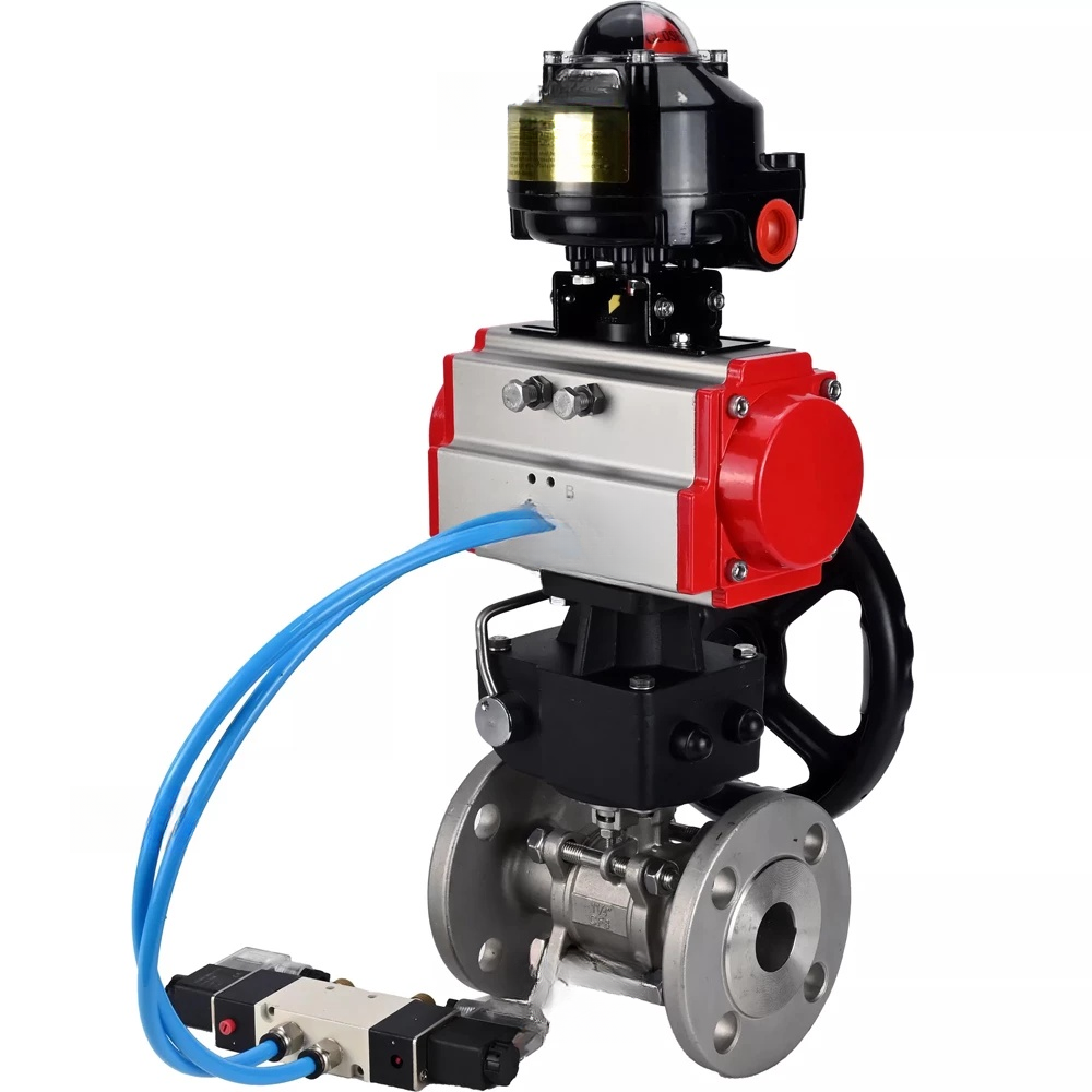 Ball valves Elephant BV3232P(3pc)-FP-F-ISO-H DN65-100 25/40 bar flanged, body - 316 stainless steel, full bore, seal - PTFE, with pneumatic drive PA-DA pneumatic distributor 4V320-10 220V, LSU APL-510N Ex, manual backup MON3-700-T38-ISO