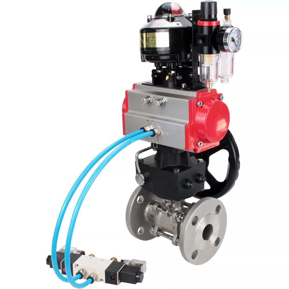 Ball valves Elephant BV3232P(3pc)-FP-F-ISO-H DN65-100 25/40 bar flanged, 316 stainless steel, full bore, seal - PTFE, with pneumatic drive PA-DA pneumatic distributor 4V320-08 220V, LSU APL-510N Ex, manual backup MON3-700-T38-ISO, ATU AFC2000