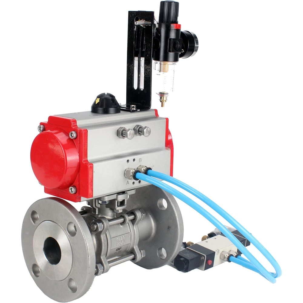 Ball valves Elephant BV3232P(3pc)-FP-F-ISO-H DN65-100 25/40 bar flanged with ISO flange, body - 316 stainless steel, full bore, seal - PTFE, with PA-SA pneumatic actuator, pneumatic distributor 4V320-08 220V, ATU AFC2000