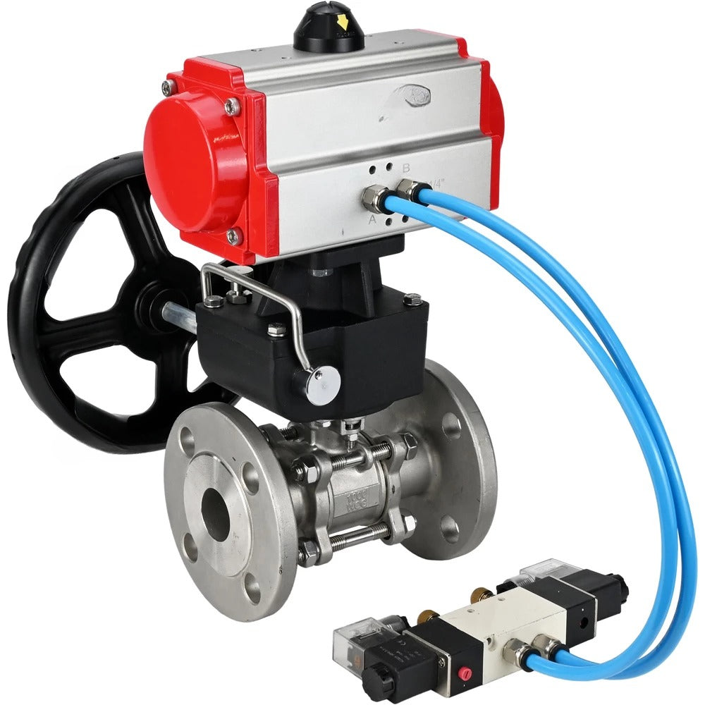 Ball valves Elephant BV3232P(3pc)-FP-F-ISO-H DN65-100 25/40 bar flanged with ISO flange, body - 316 stainless steel, full bore, seal - PTFE, with pneumatic drive PA-DA pneumatic distributor 4V320-08 220V, manual backup MON3-700-T38-ISO