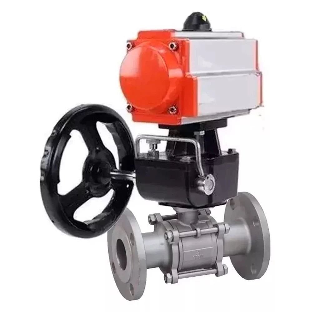 Ball valves Elephant BV3232P(3pc)-FP-F-ISO-H DN65-100 25/40 bar flanged with ISO flange, body - 316 stainless steel, full bore, seal - PTFE, with pneumatic drive PA-DA MON3-700-T38-ISO manual backup
