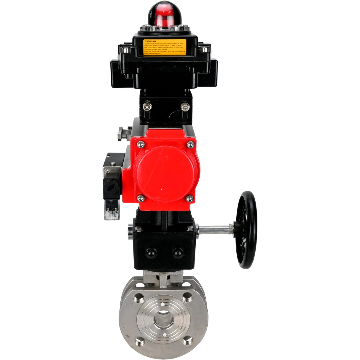 Edelstahl-Kugelhahn Elephant BVсFP.316.200 PSI232, voller Anschluss, Kompaktflansch, pneumatischer Antrieb Elephant DA doppeltwirkend, Handnotbetätigung HDM, pneumatischer Verteiler 4M310-08 24 V, Endschalterblock APL-410N EX